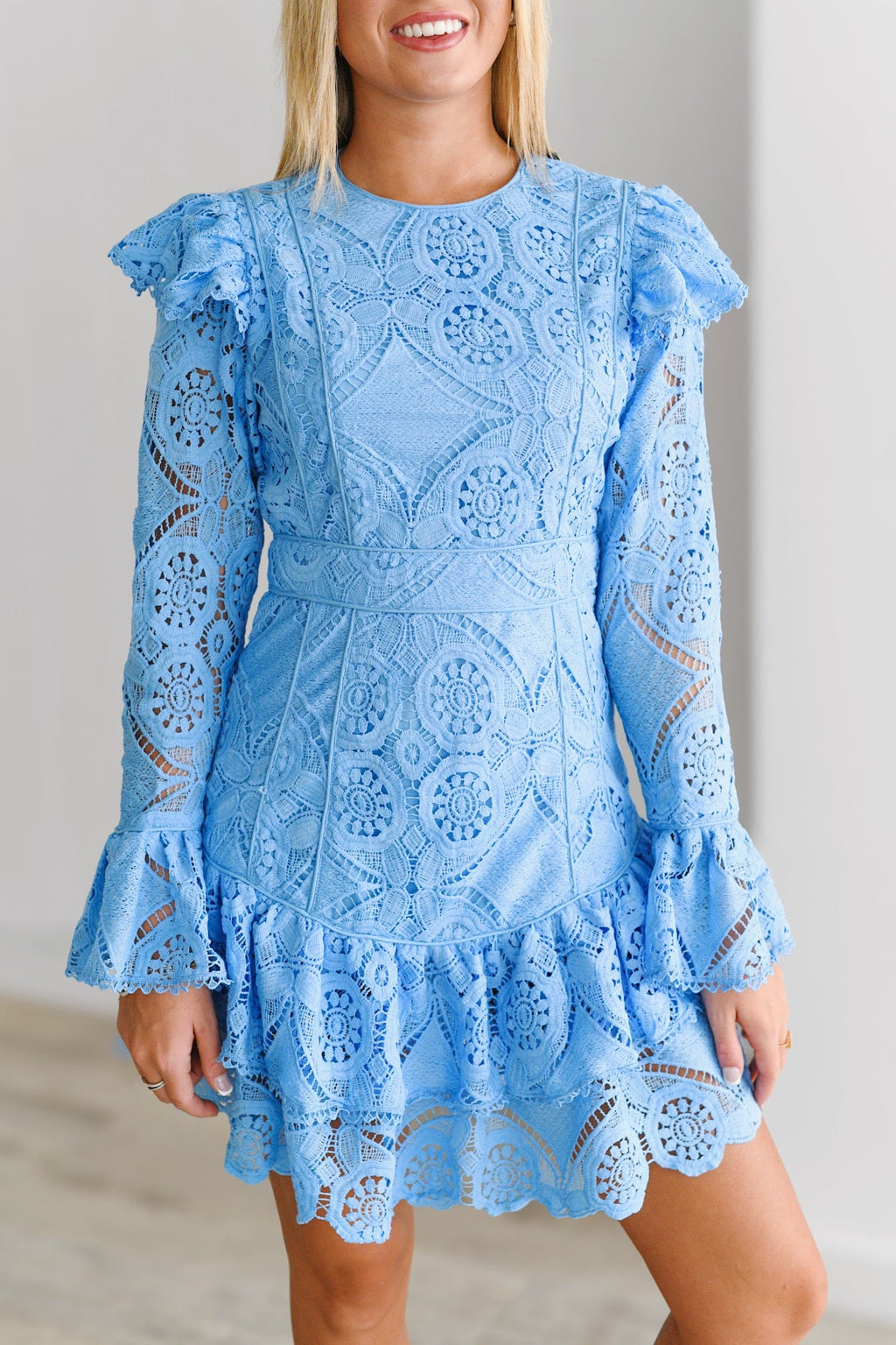 Kimmy Lace Ruffle Long Sleeve Mini Dress-Skyblue