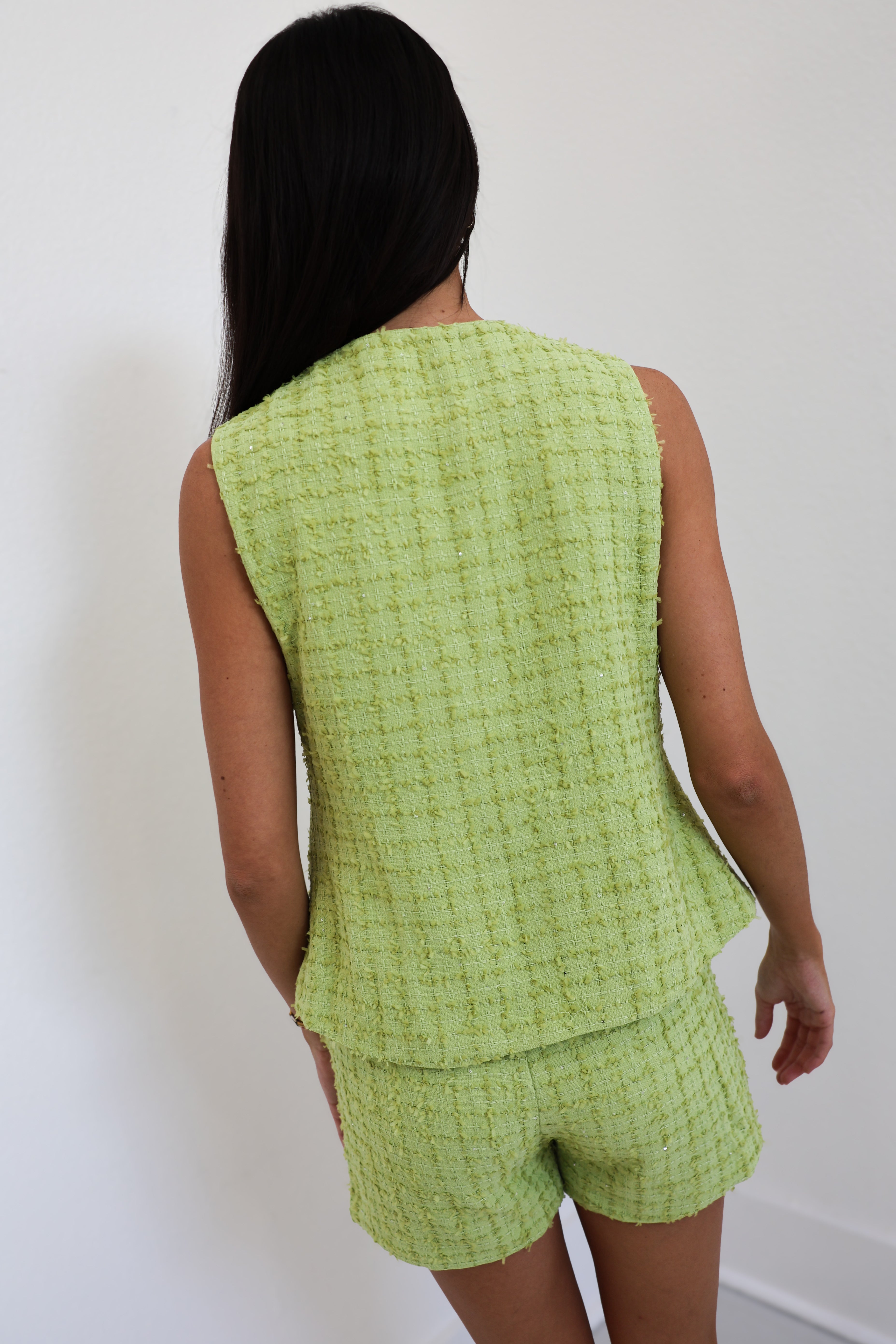 Grace Textured Button Down Vest And Shorts - Green