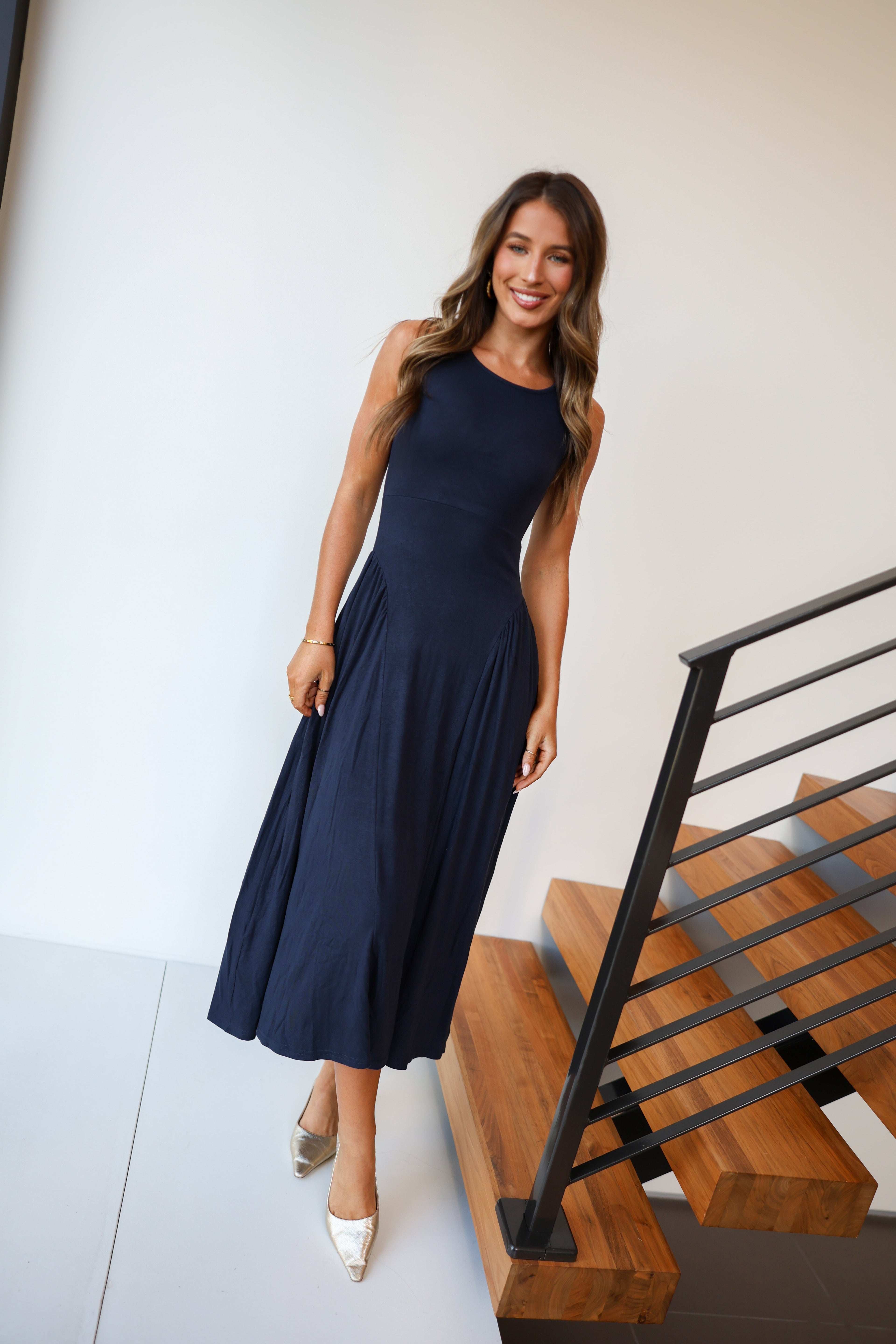 Aislinn Rib Knit Pleated Maxi Dress - Navy