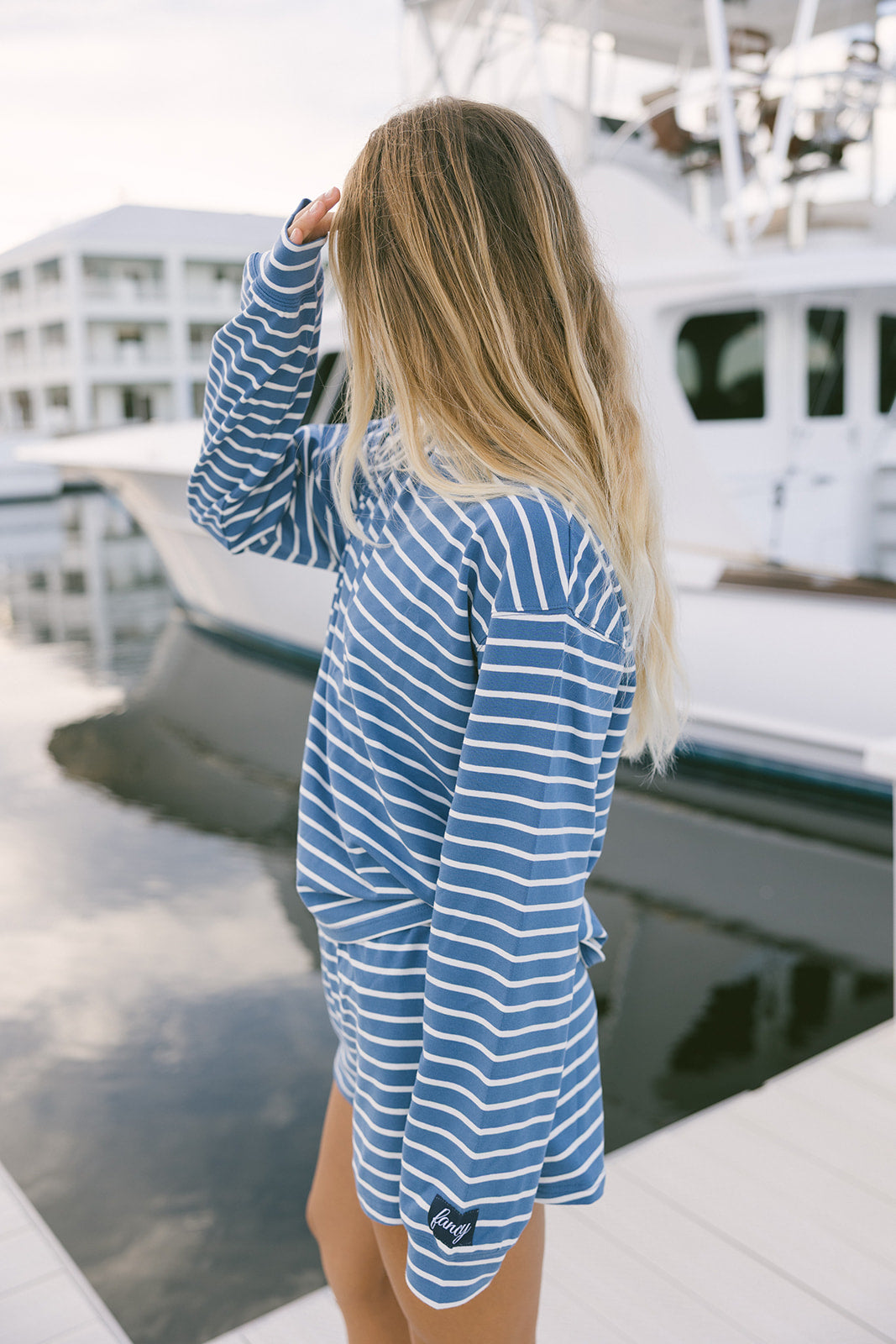 Fancy Striped Oversized Long Sleeve Top - Malibu Blue