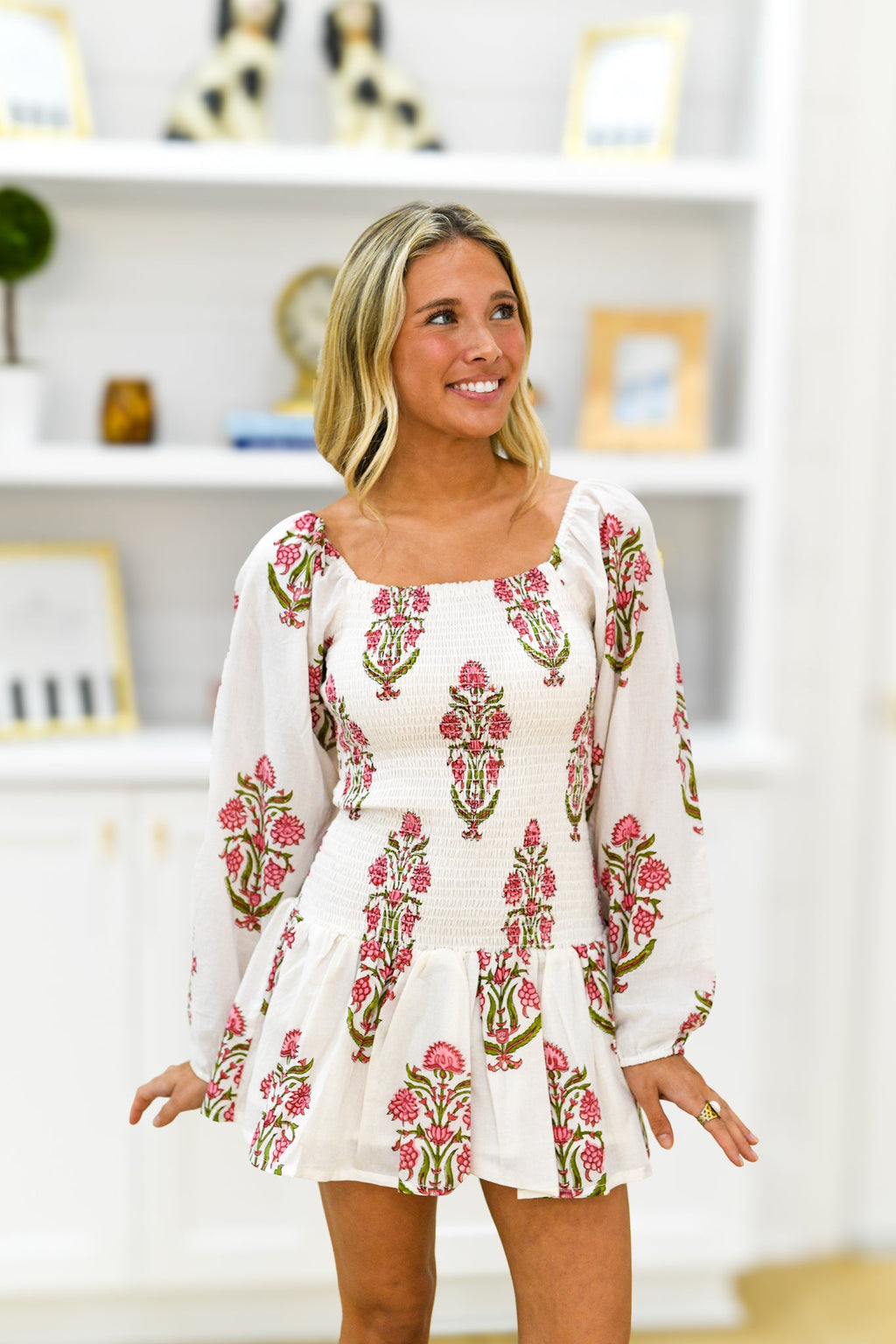 Aislinn Smocked Mini Dress - White/Pink Floral