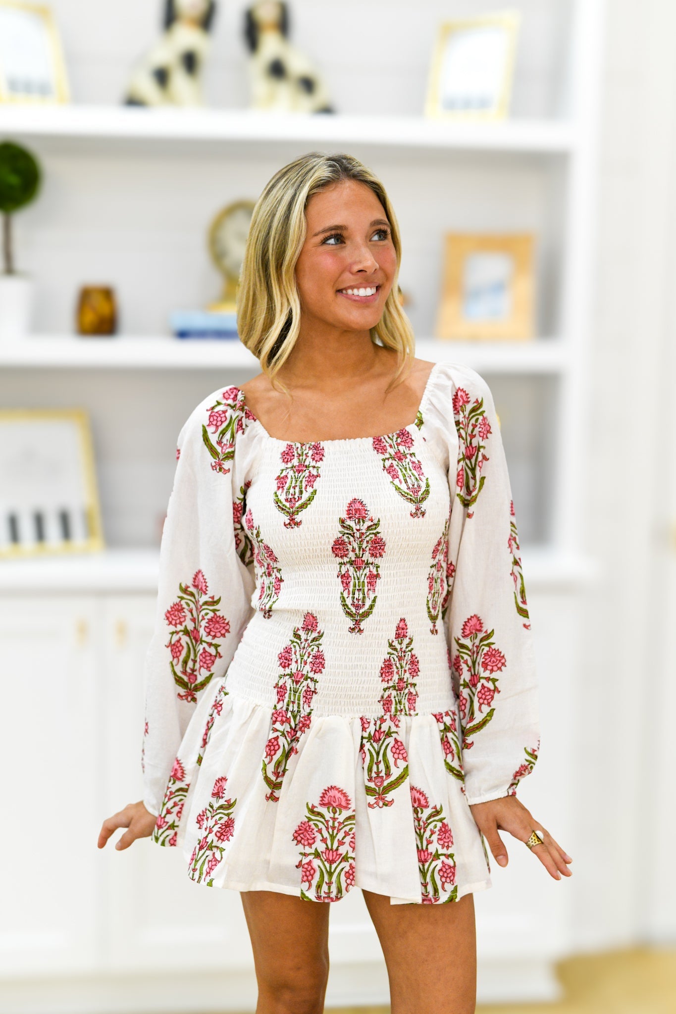 Aislinn Smocked Mini Dress - White/Pink Floral