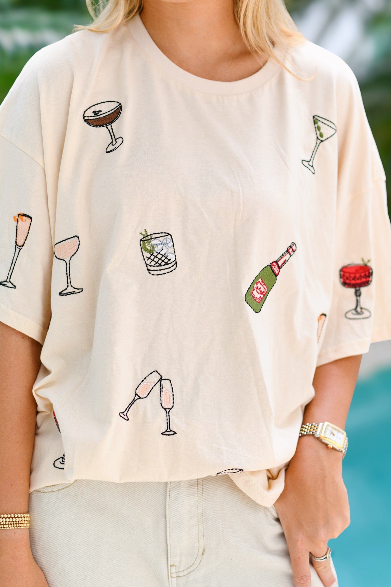 Jamie Cocktail Embroidered T-Shirt - Beige