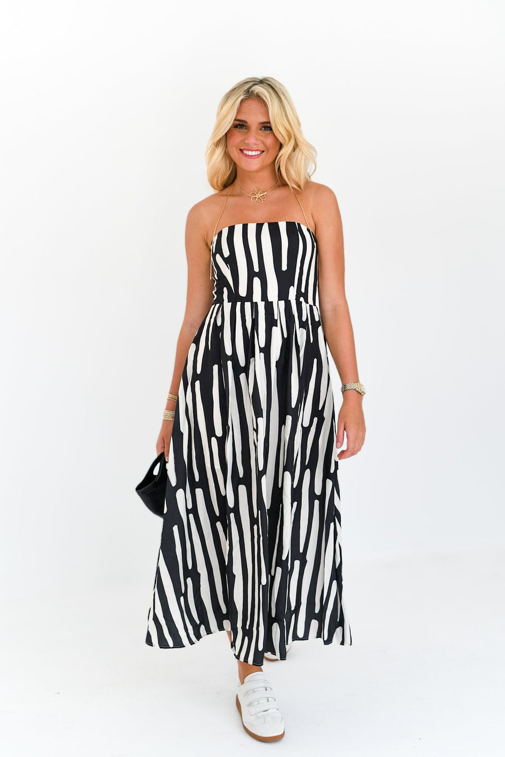 Lainey Strapless Abstract Midi Dress - Black/Cream