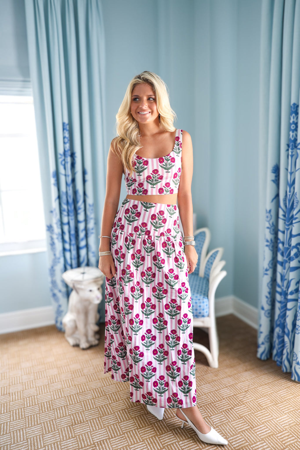 Maggie Maxi Skirt Set - Baby Pink Striped Blockprint