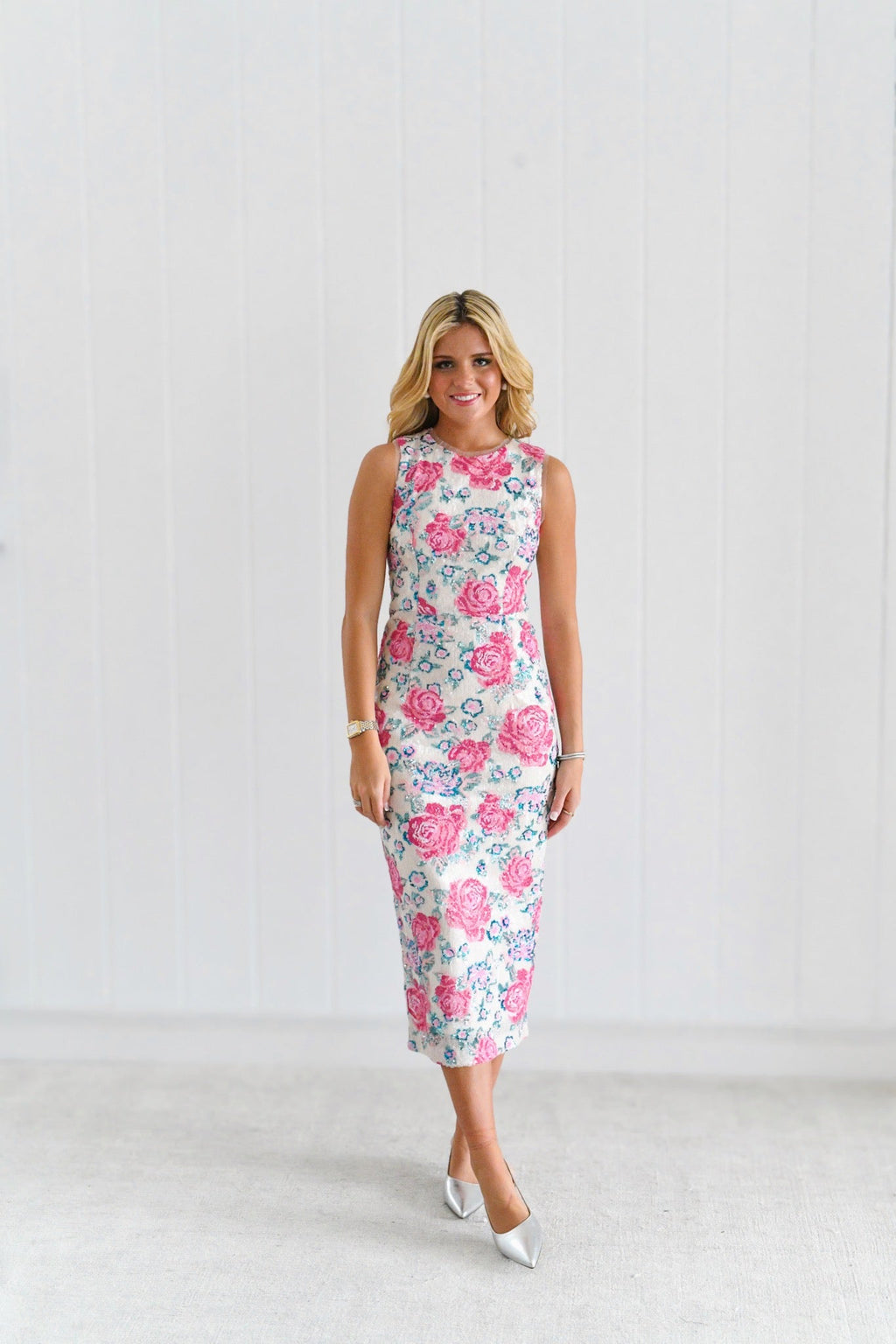 Marzia Floral Sequin Sleeveless Midi Dress - Pink