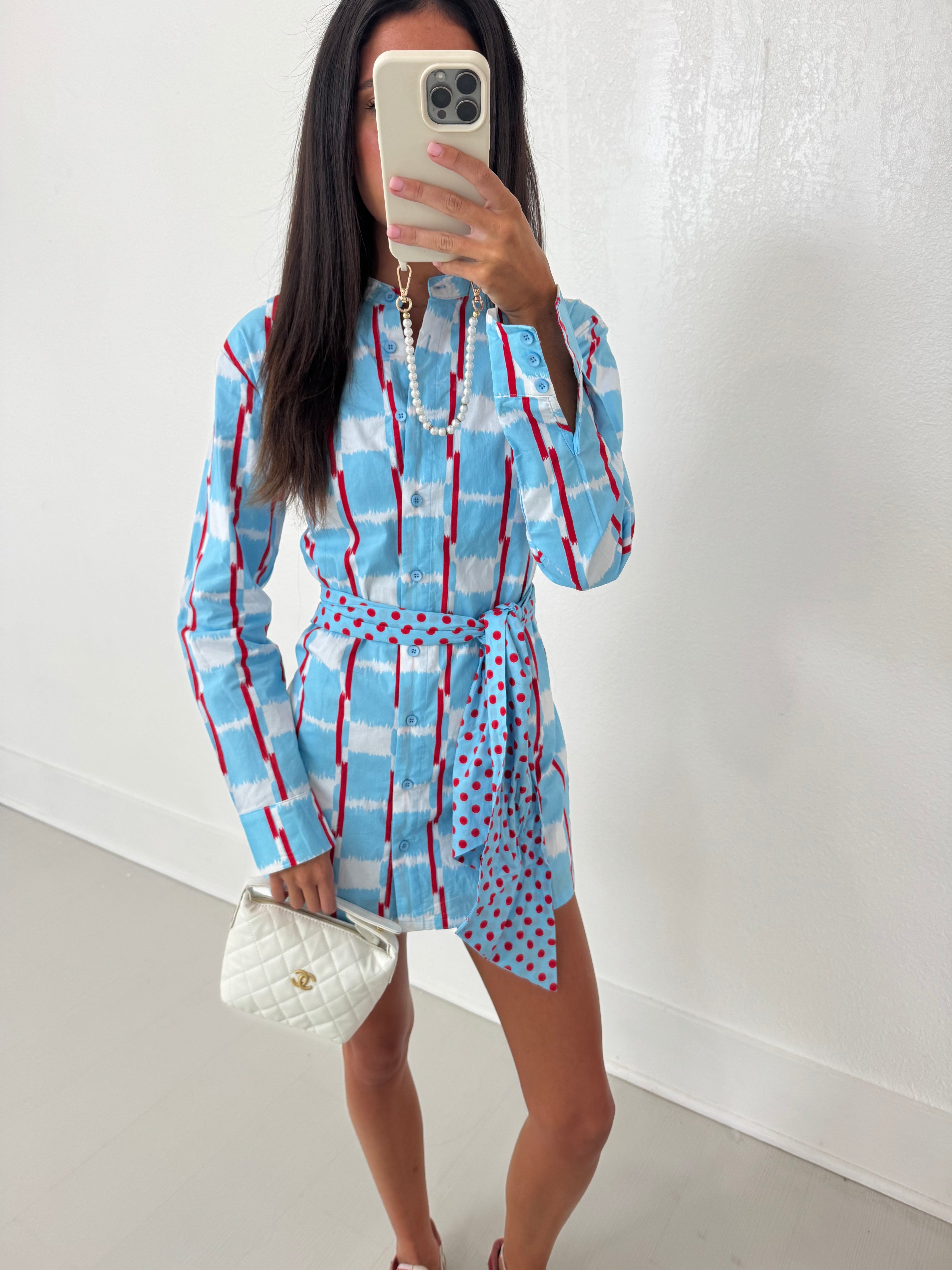 Mallie Multi Button Tie Mini Dress - Powder Blue/Red