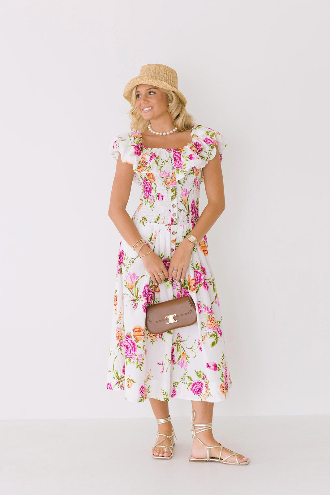 Vivian Off The Shoulder Midi Dress - White Floral