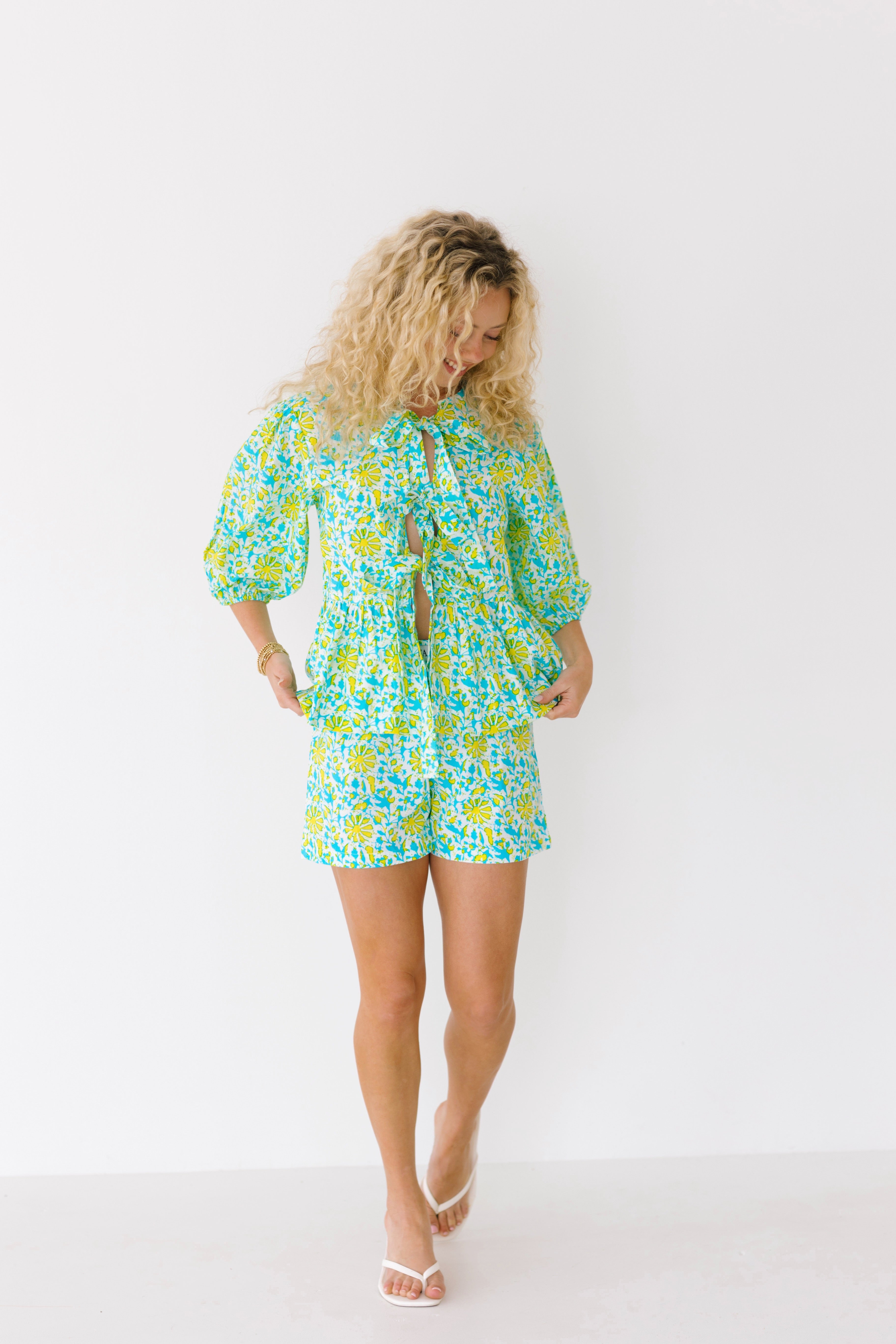 Dani Tie Front and Shorts Set - Teal/Lime