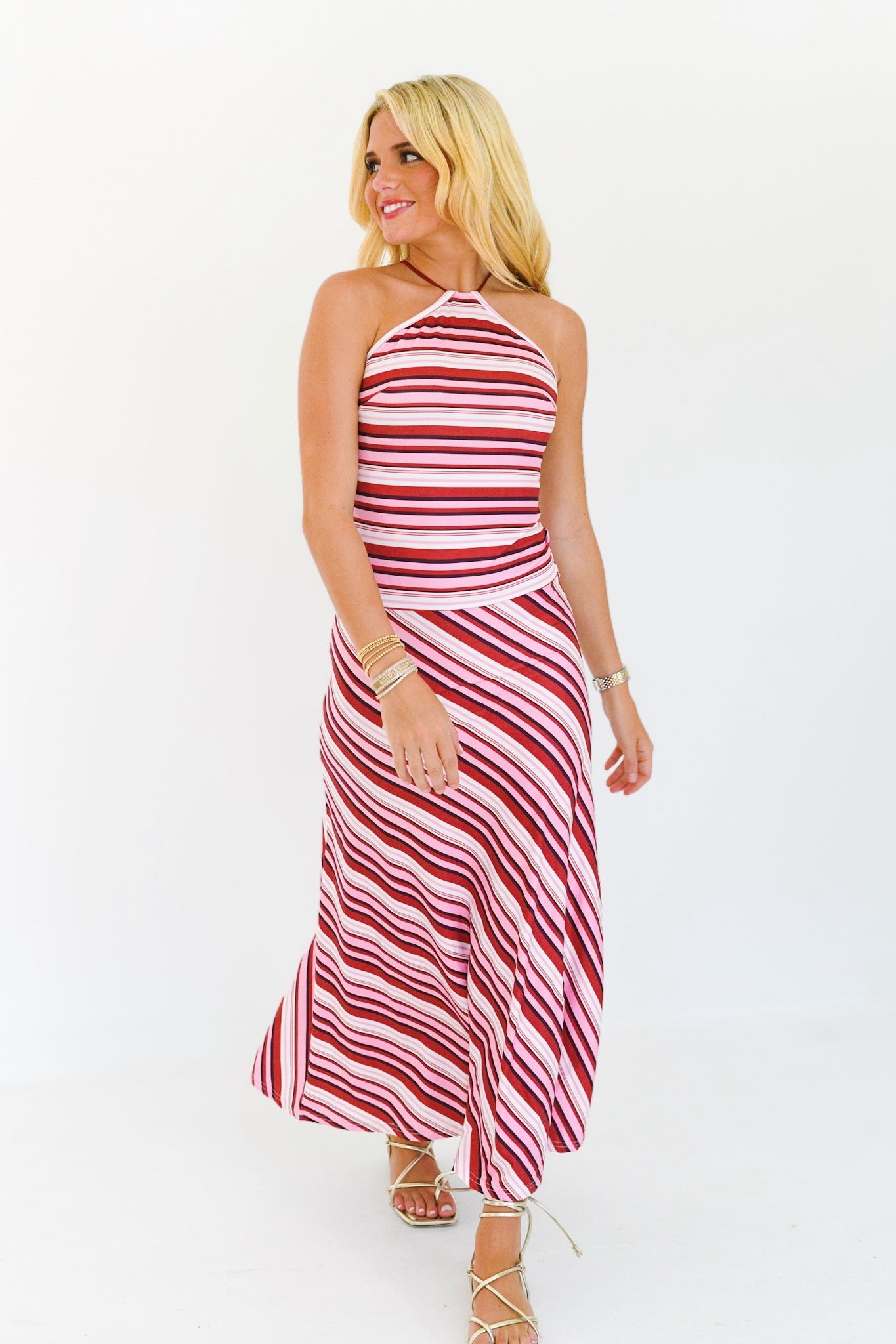 Harlee Halter Striped Maxi Dress - Magenta Stripe
