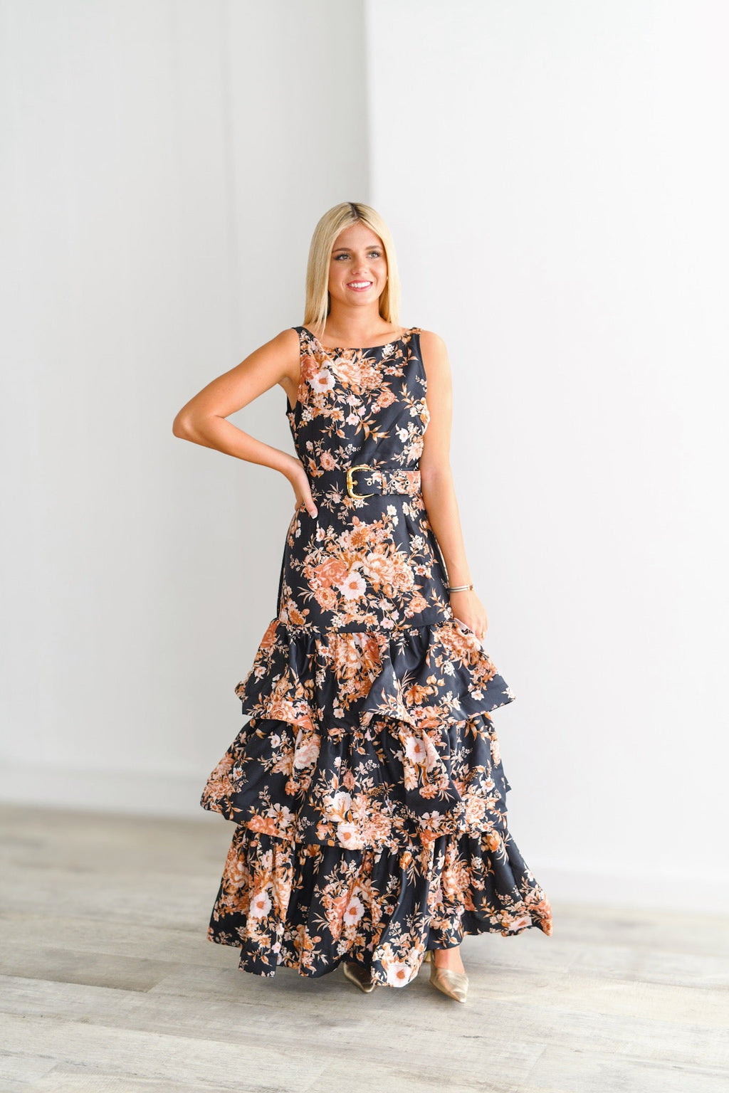 Eliza Floral Tiered Maxi Dress-Black Floral