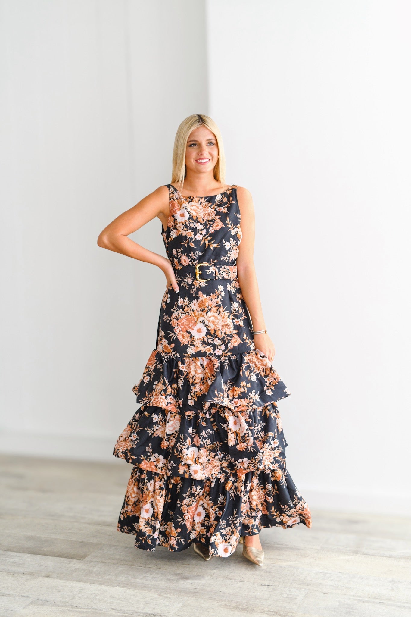 Eliza Floral Tiered Maxi Dress-Black Floral