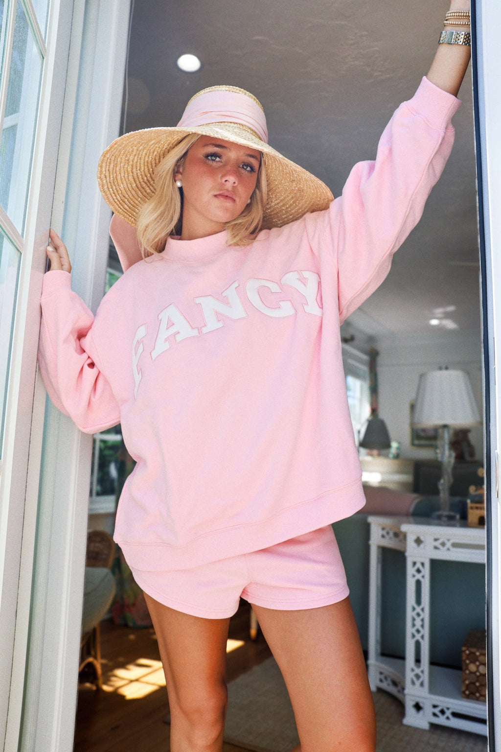 Fancy Oversized Fleece Mockneck - Powder Pink/White
