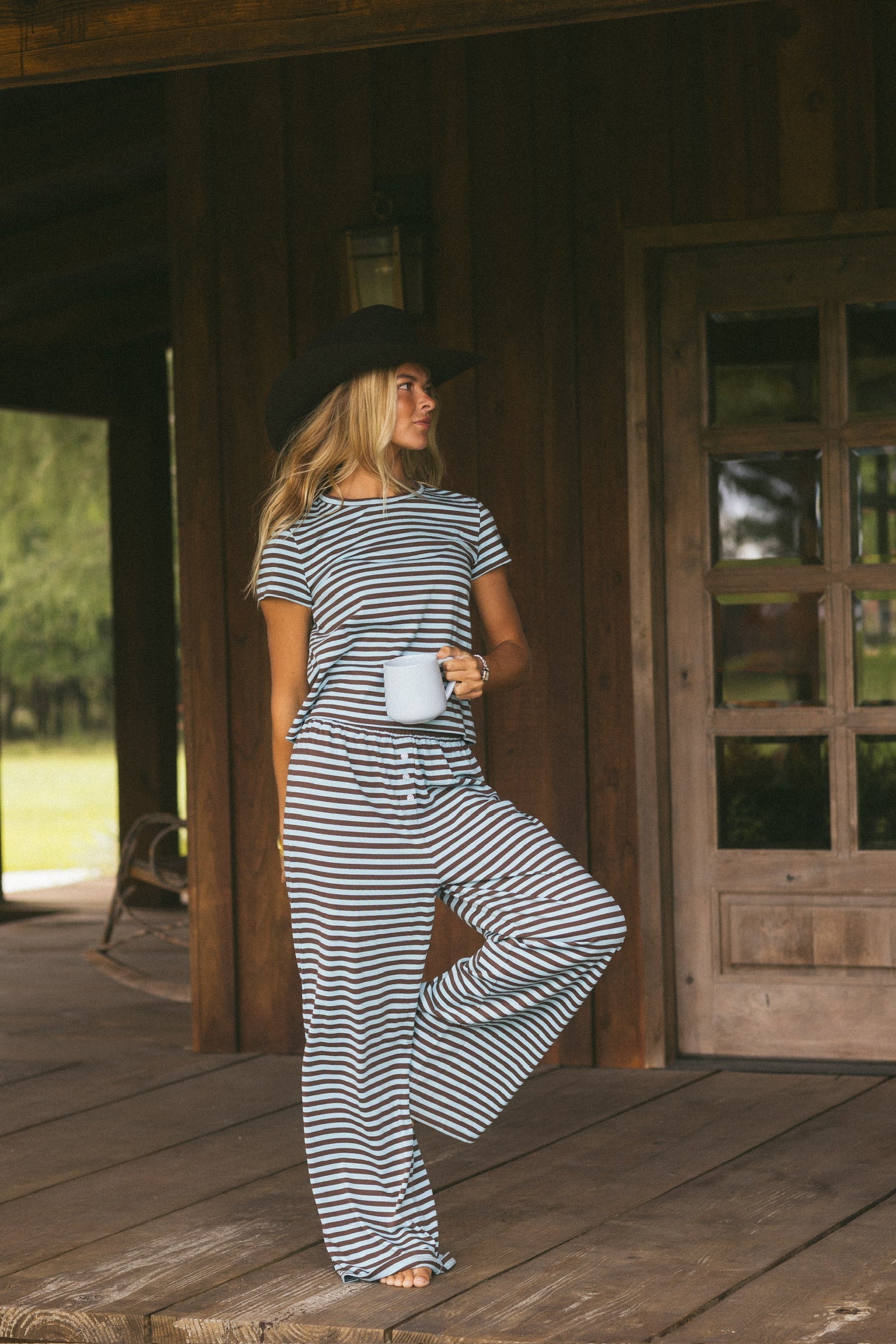 Fancy Striped Button Pants- Glacier/Chocolate