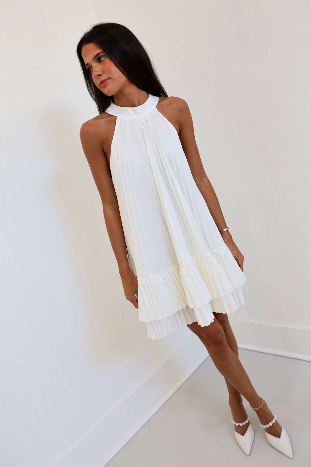 Aspen Pleated Mini Halter Dress - White