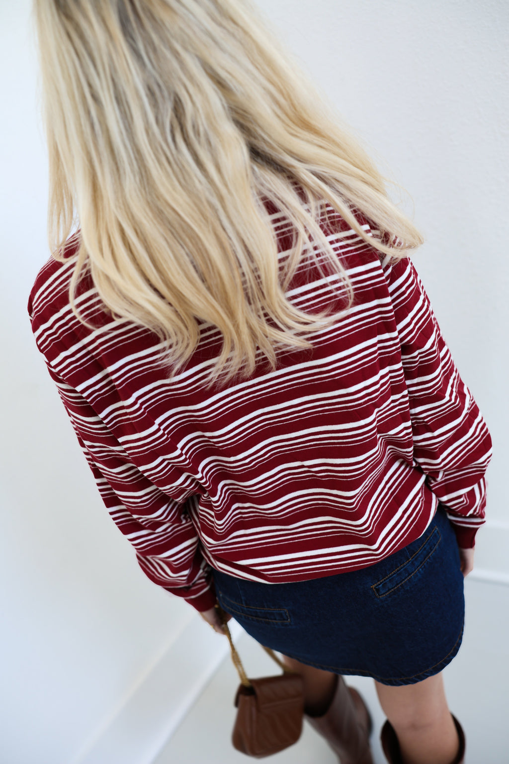 Riley Striped Polo Long Sleeve Top - Burgundy