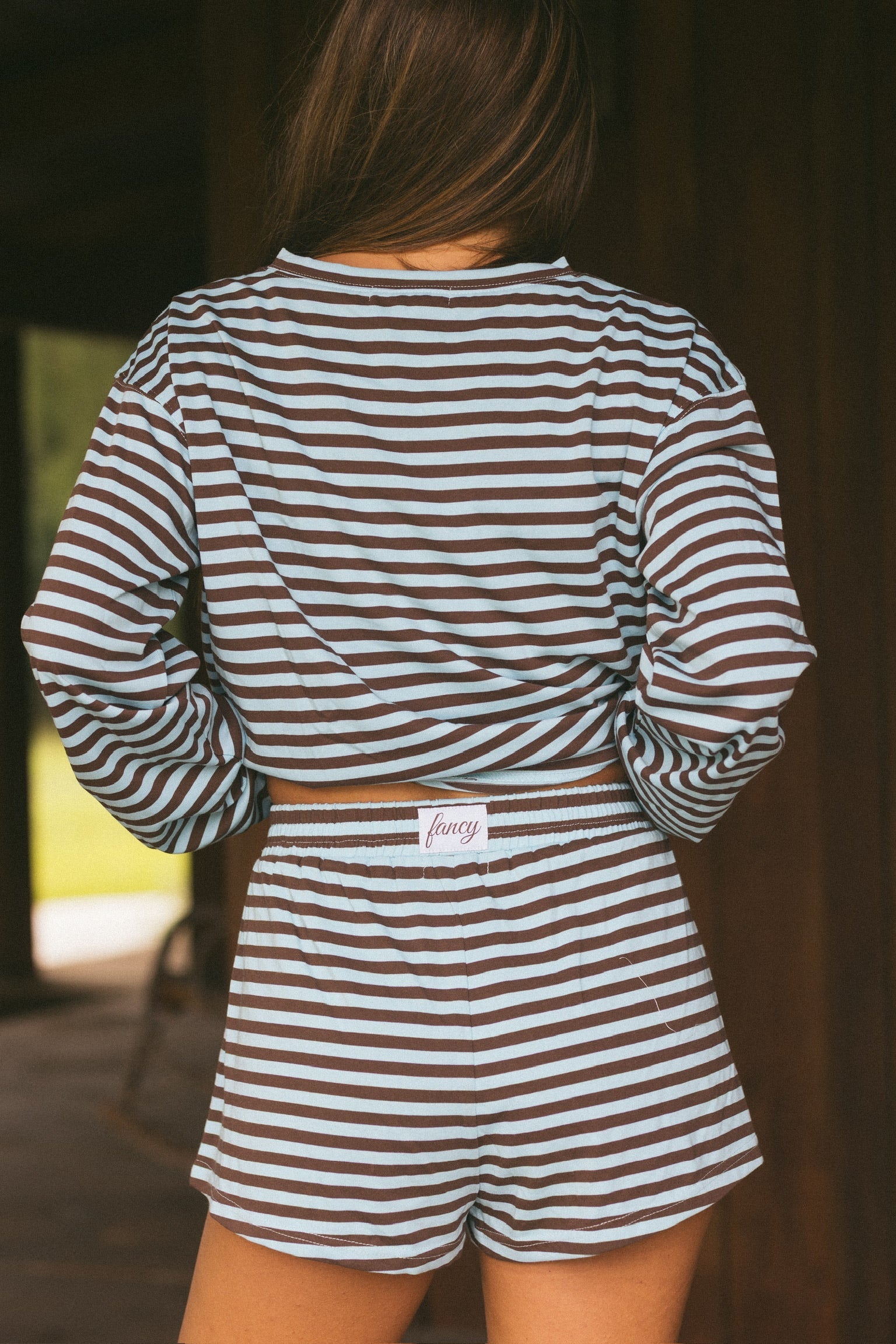 Fancy Striped Oversized Long Sleeve Top - Glacier/ Chocolate