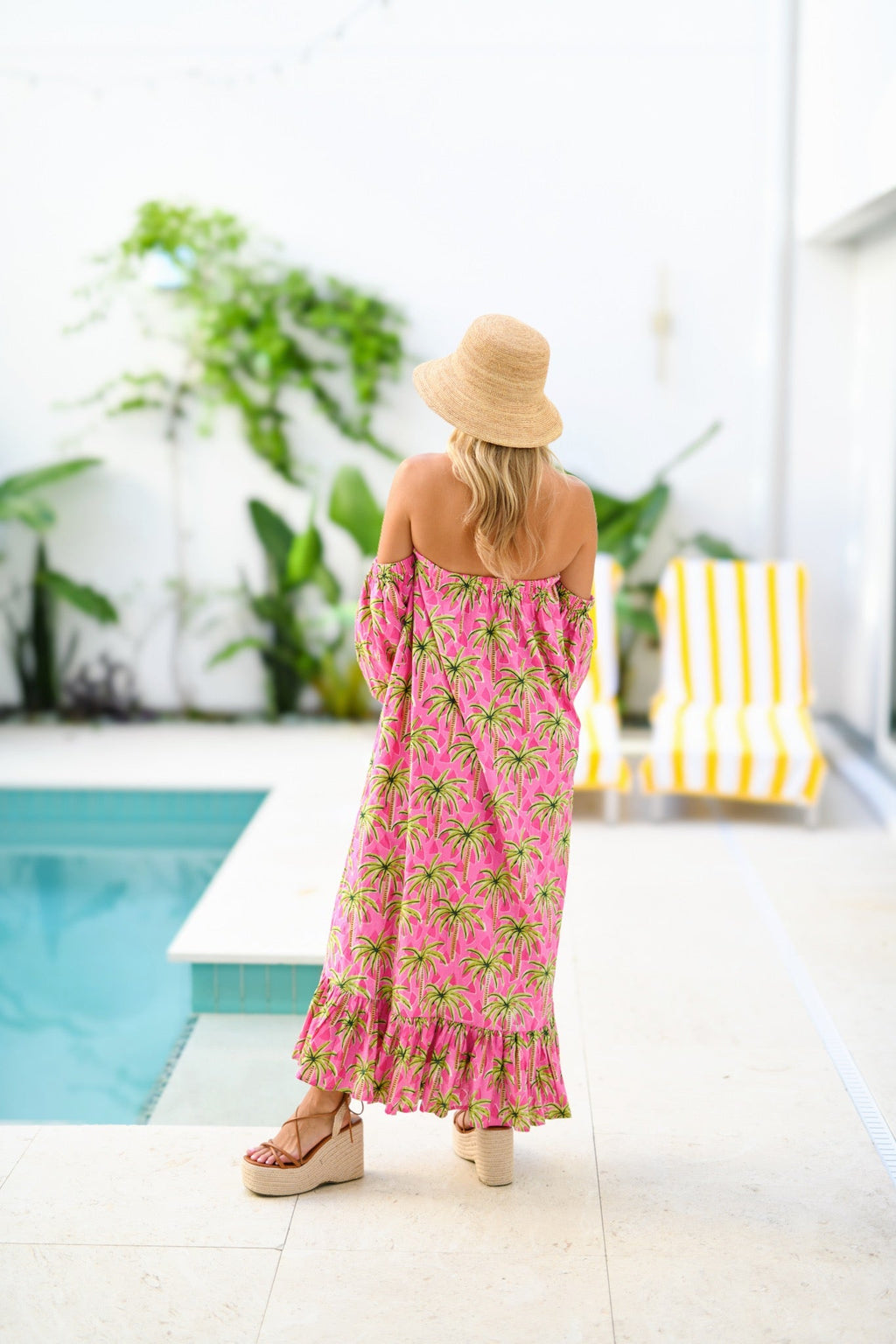 Polly Strapless Bubble Sleeve Maxi Dress - Pink Palm