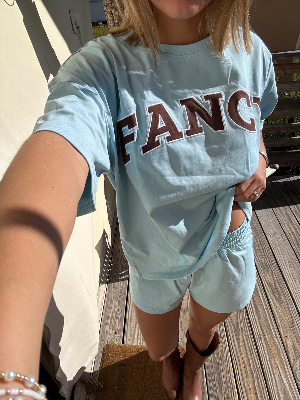 Fancy Oversized Embroidered Tee - Glacier