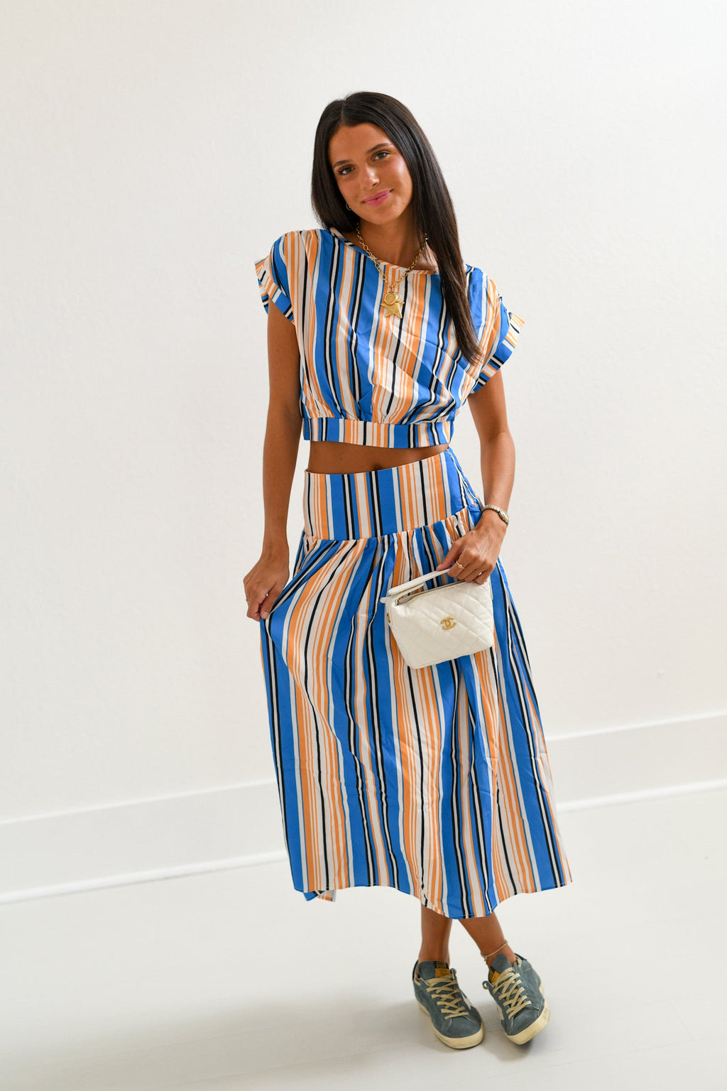 Sara Midi Skirt Set - Orange/Blue
