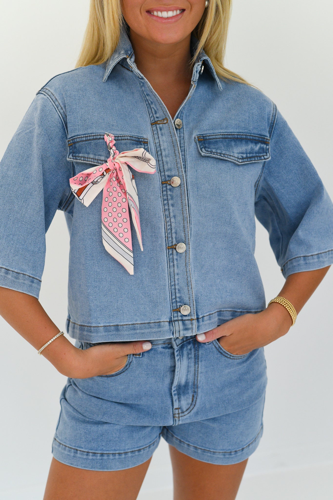 Mia Denim Top And Short Set - Light Blue Denim