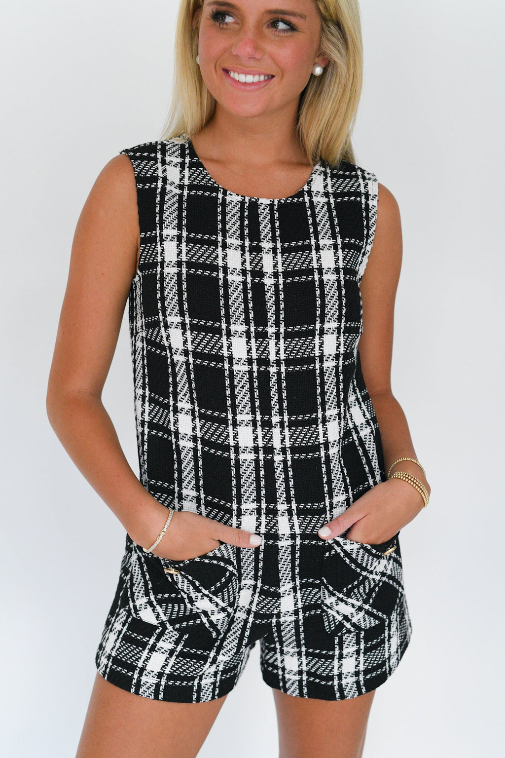 Amy Tweed Romper - Black/White