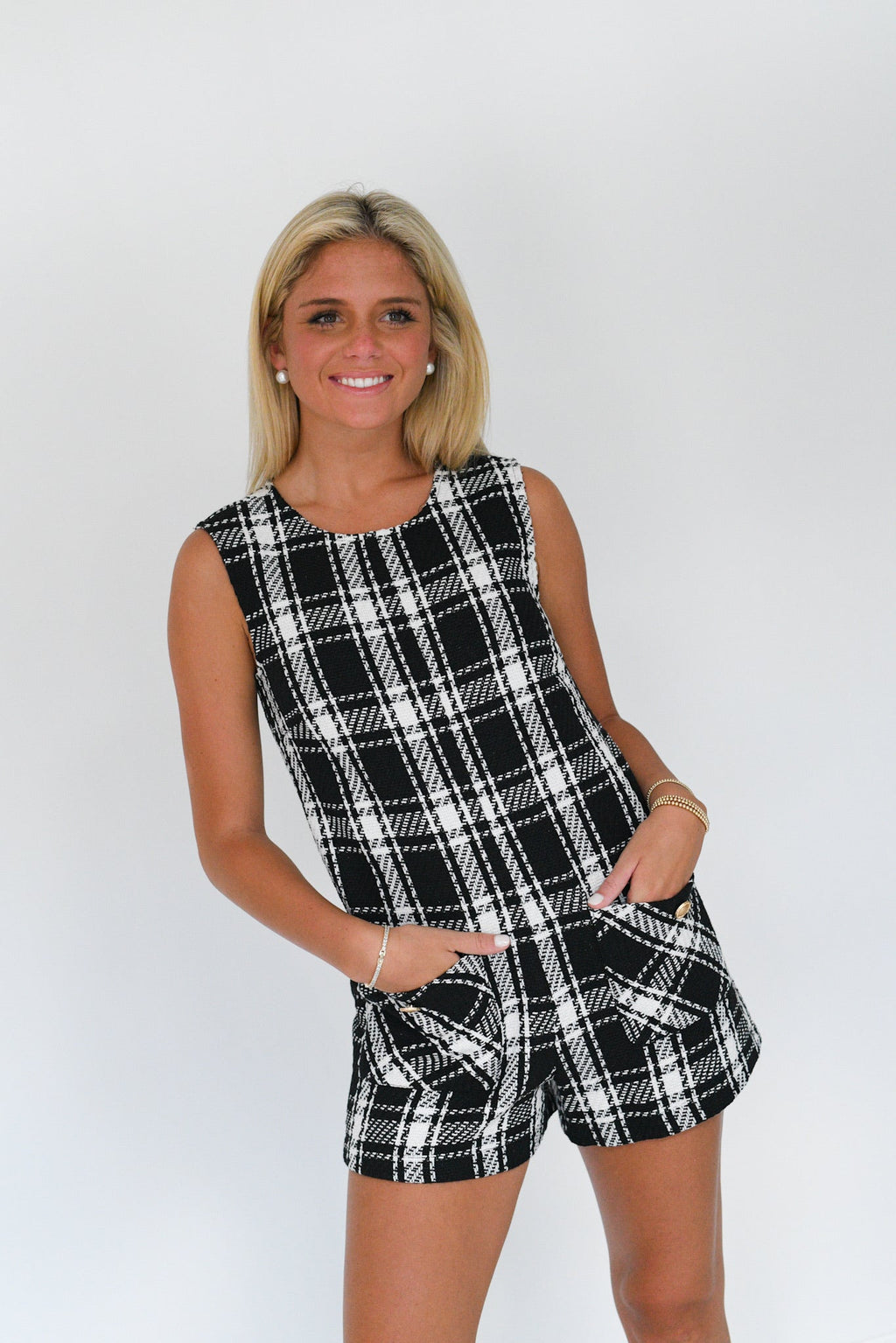 Amy Tweed Romper - Black/White