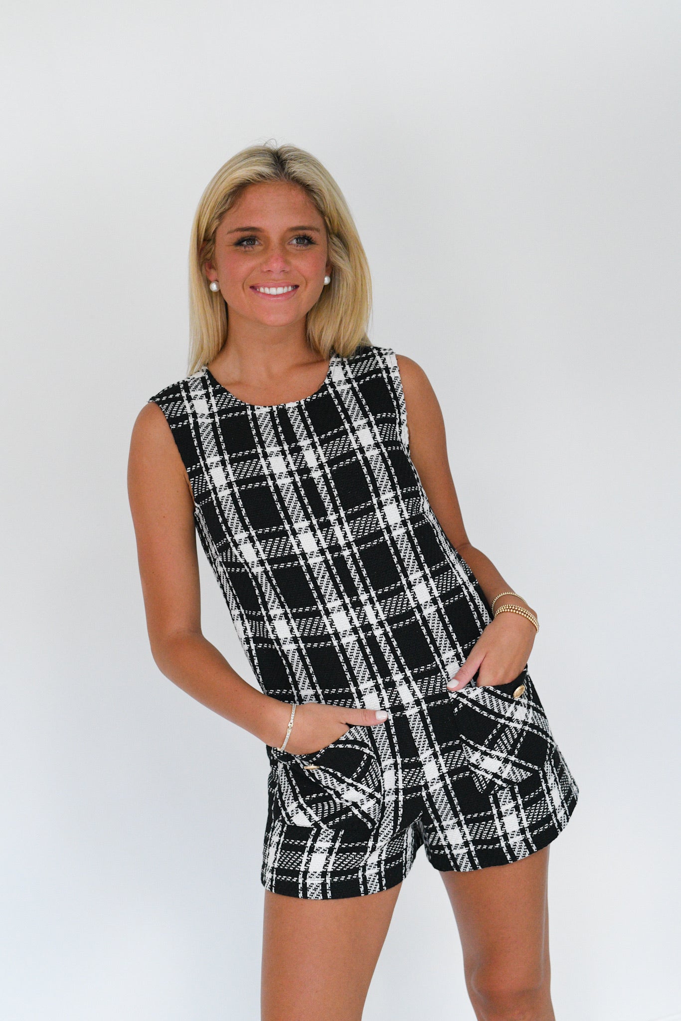 Amy Tweed Romper - Black/White