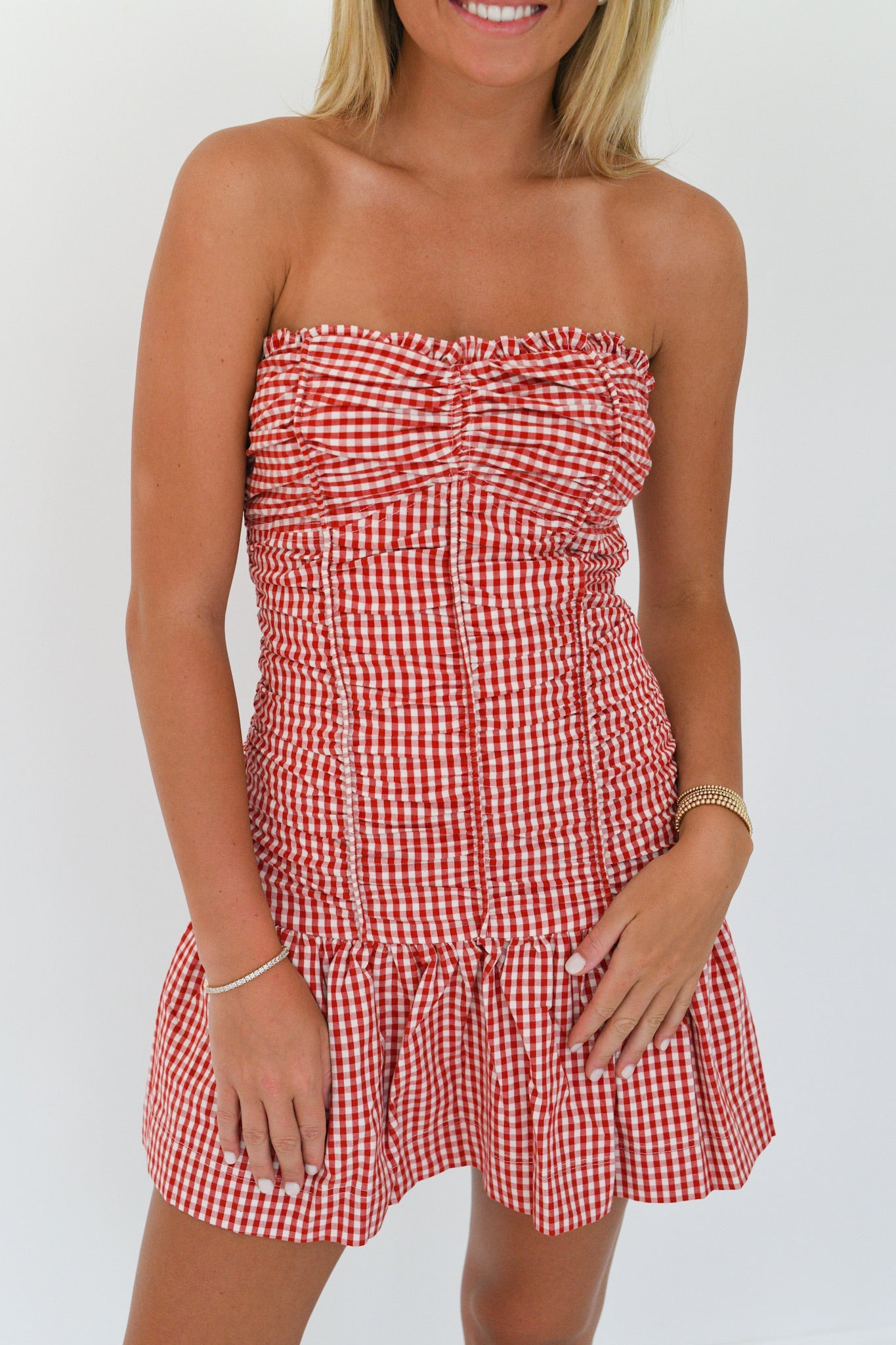 Kassie Checker Ruched Tube Mini Dress - Red Checker
