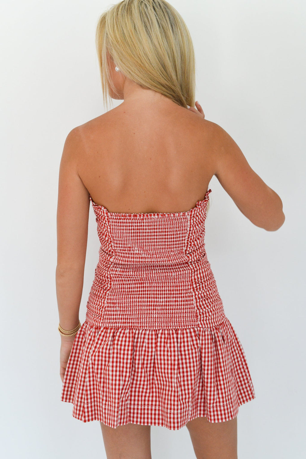 Kassie Checker Ruched Tube Mini Dress - Red Checker