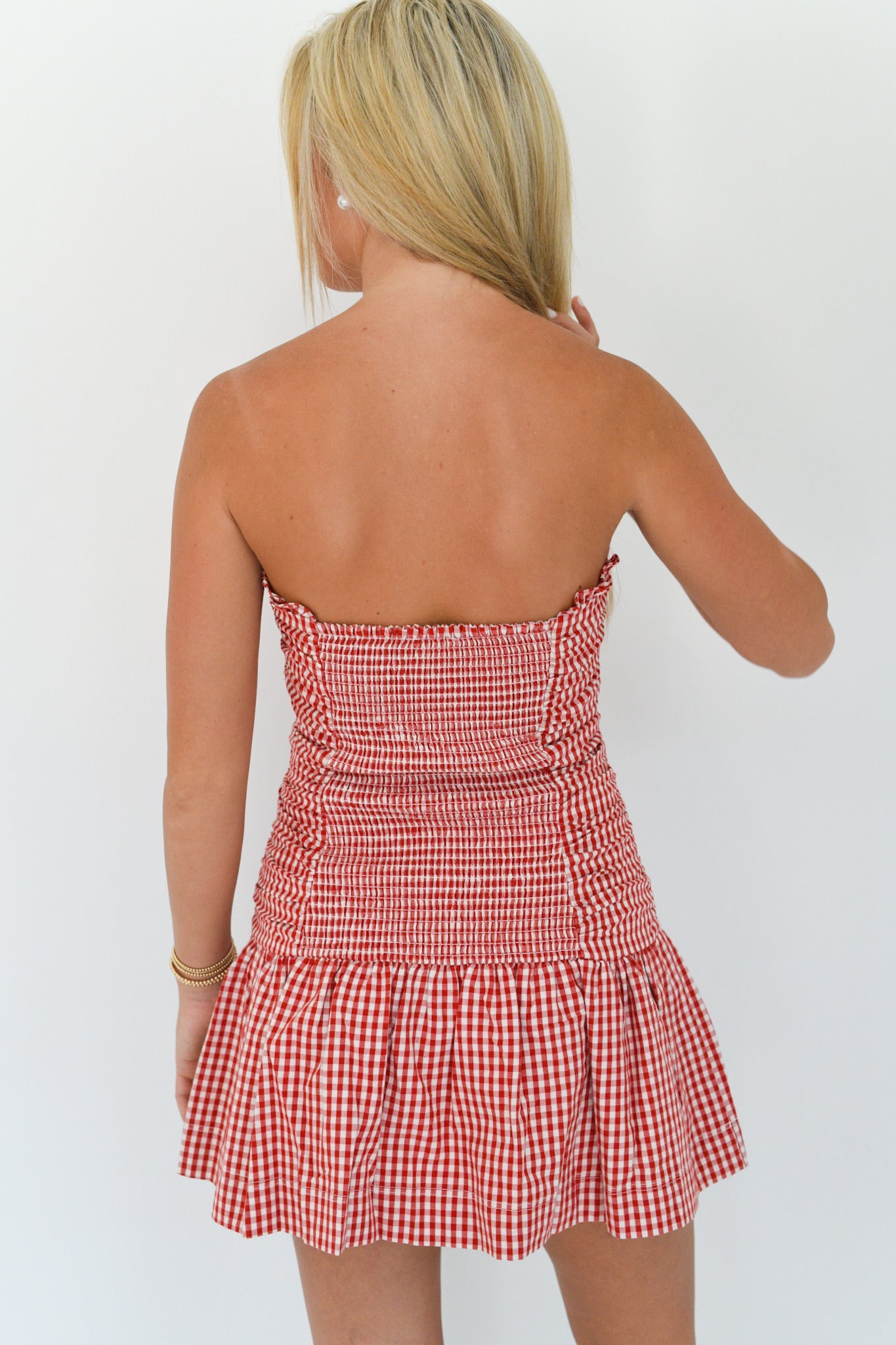 Kassie Checker Ruched Tube Mini Dress - Red Checker