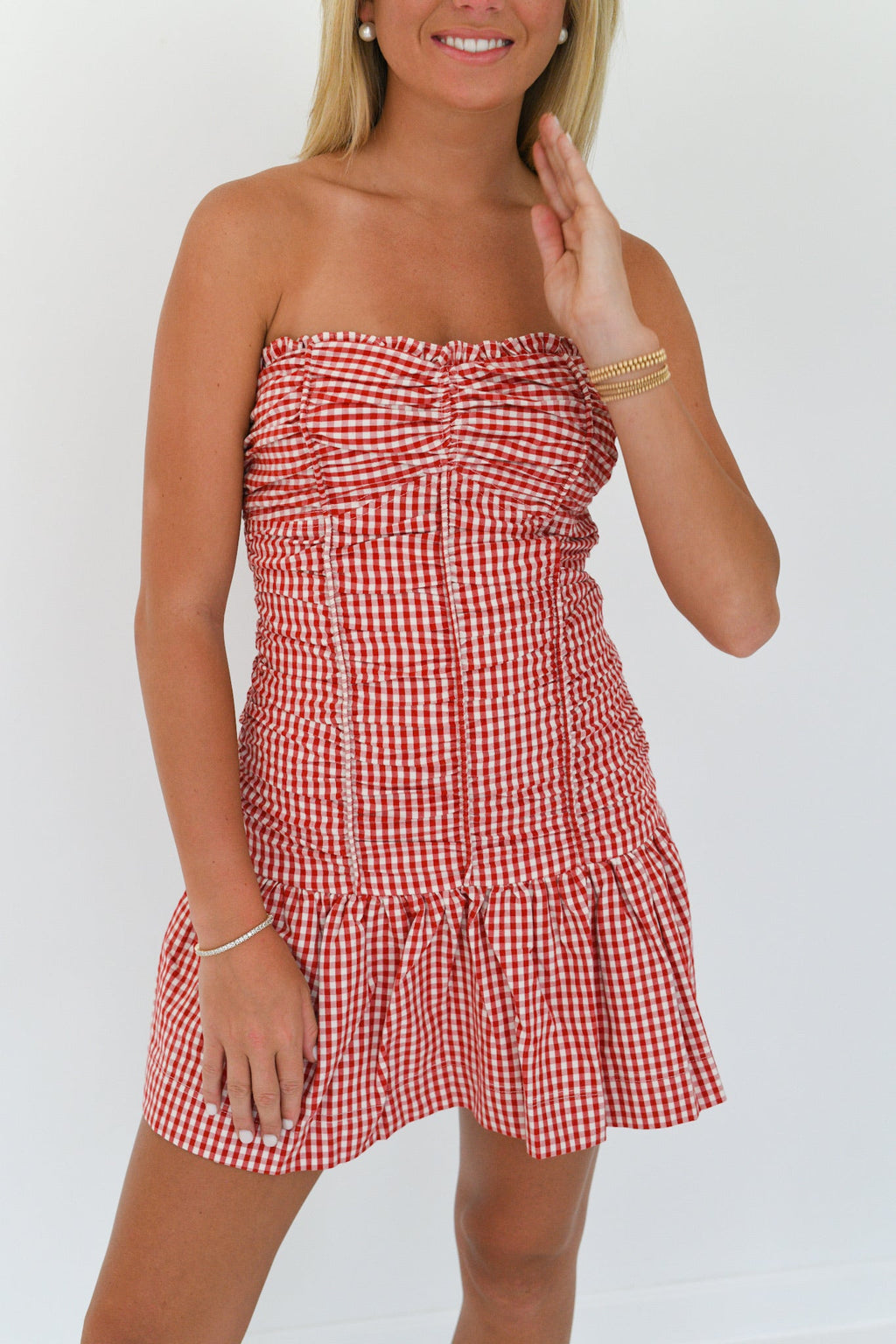 Kassie Checker Ruched Tube Mini Dress - Red Checker