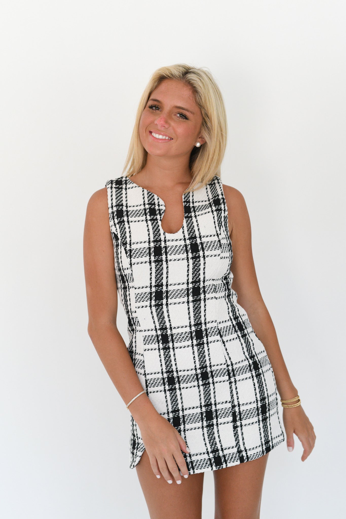 Emerson Plaid Tweed Mini Dress - White/Black