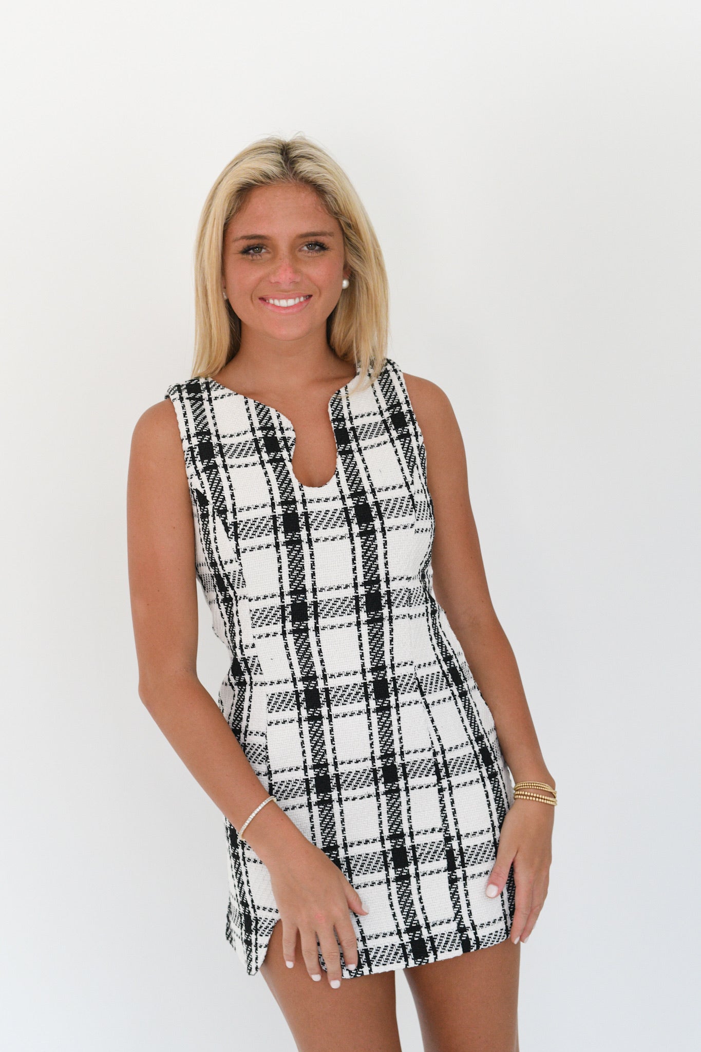 Emerson Plaid Tweed Mini Dress - White/Black