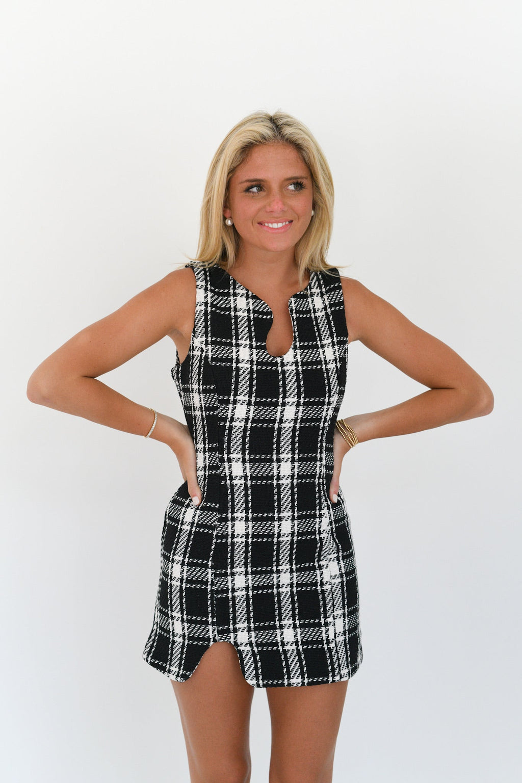 Alix Plaid Tweed Mini Dress - Black/White