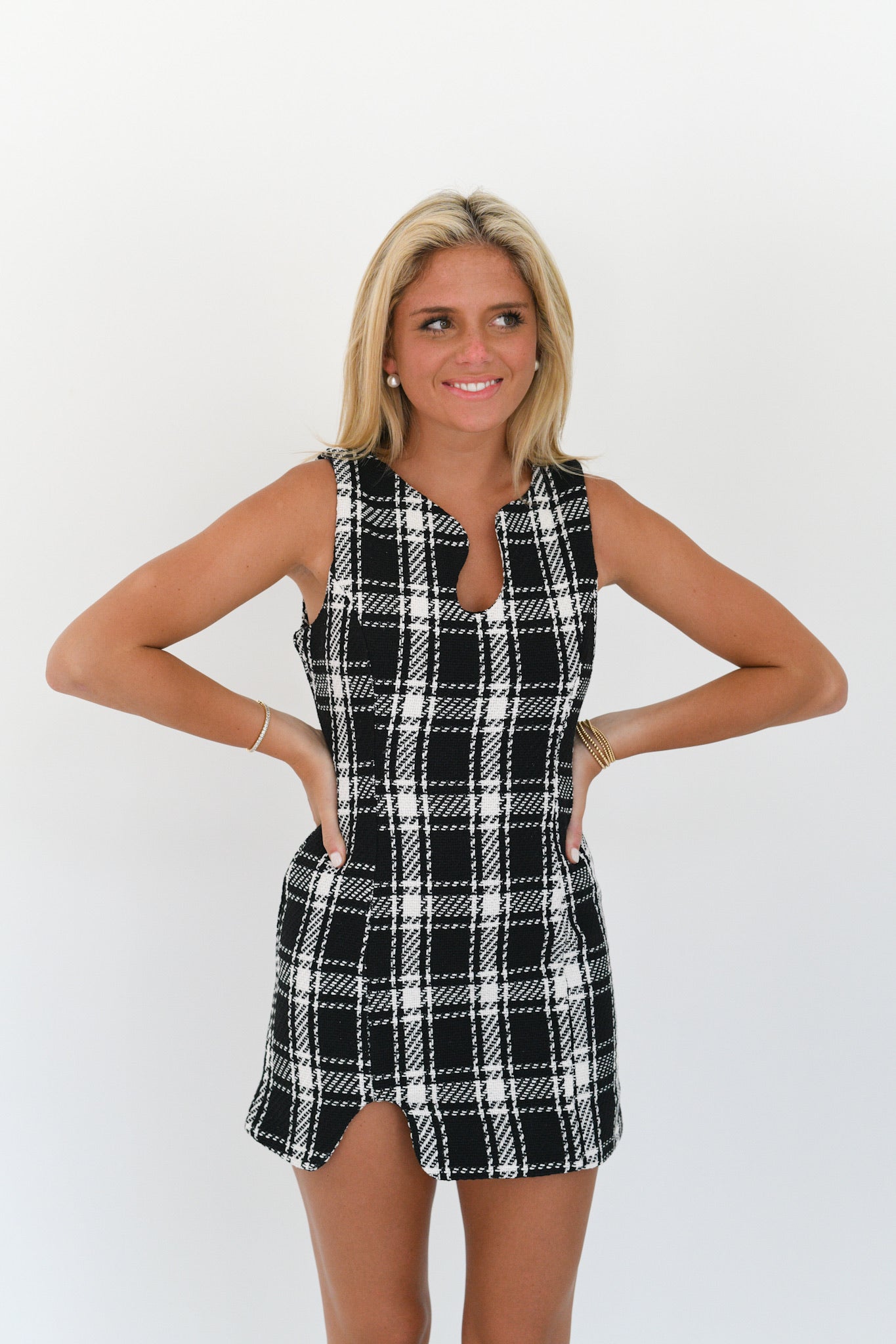 Alix Plaid Tweed Mini Dress - Black/White