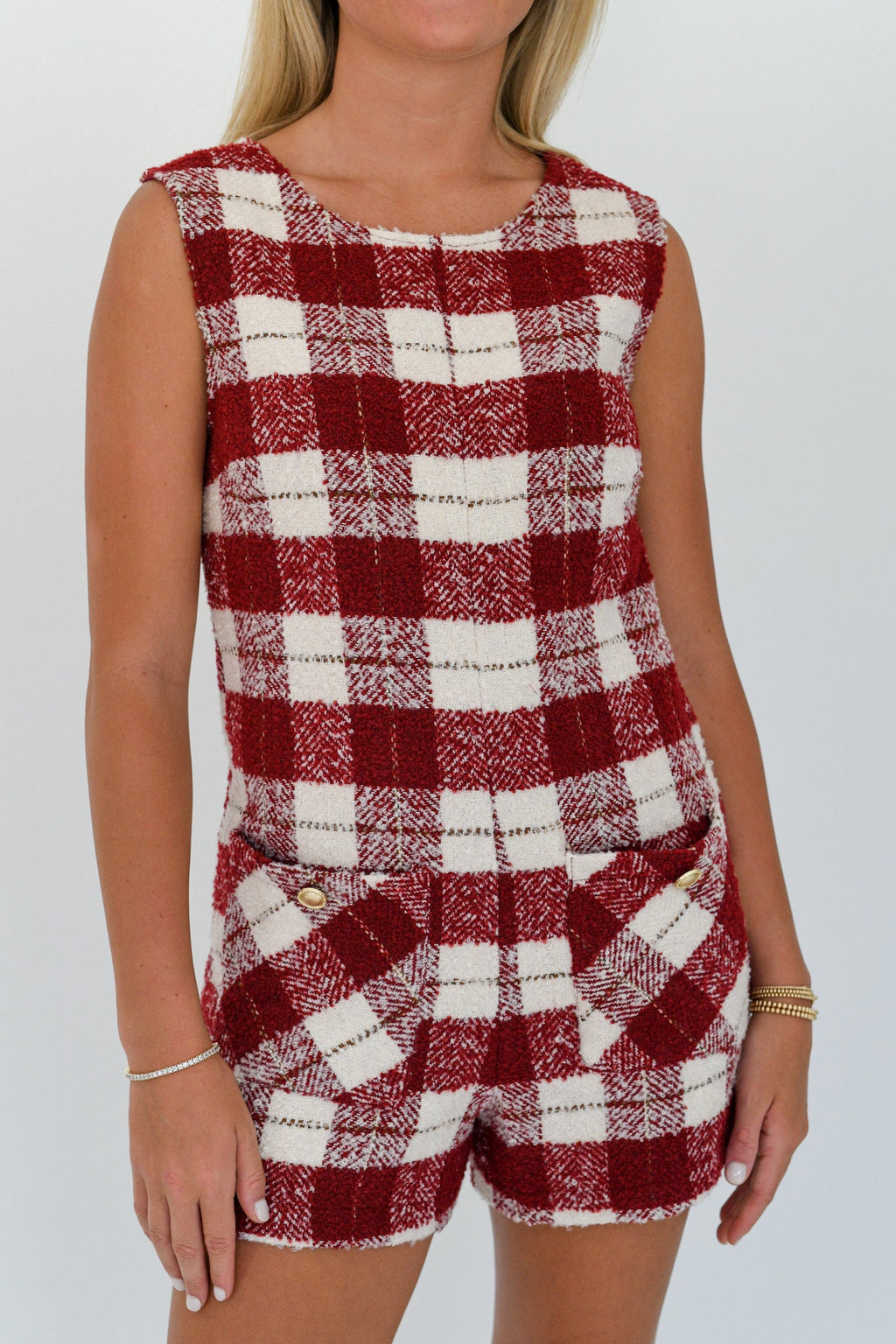 Kate Tweed Romper - Burgundy/Ivory