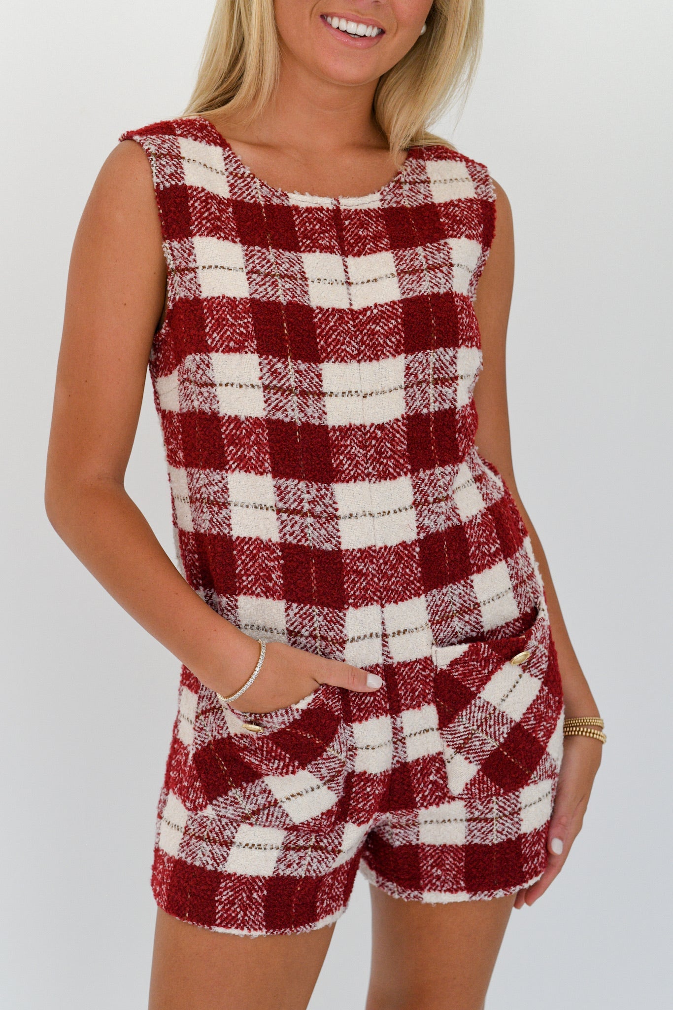 Kate Tweed Romper - Burgundy/Ivory