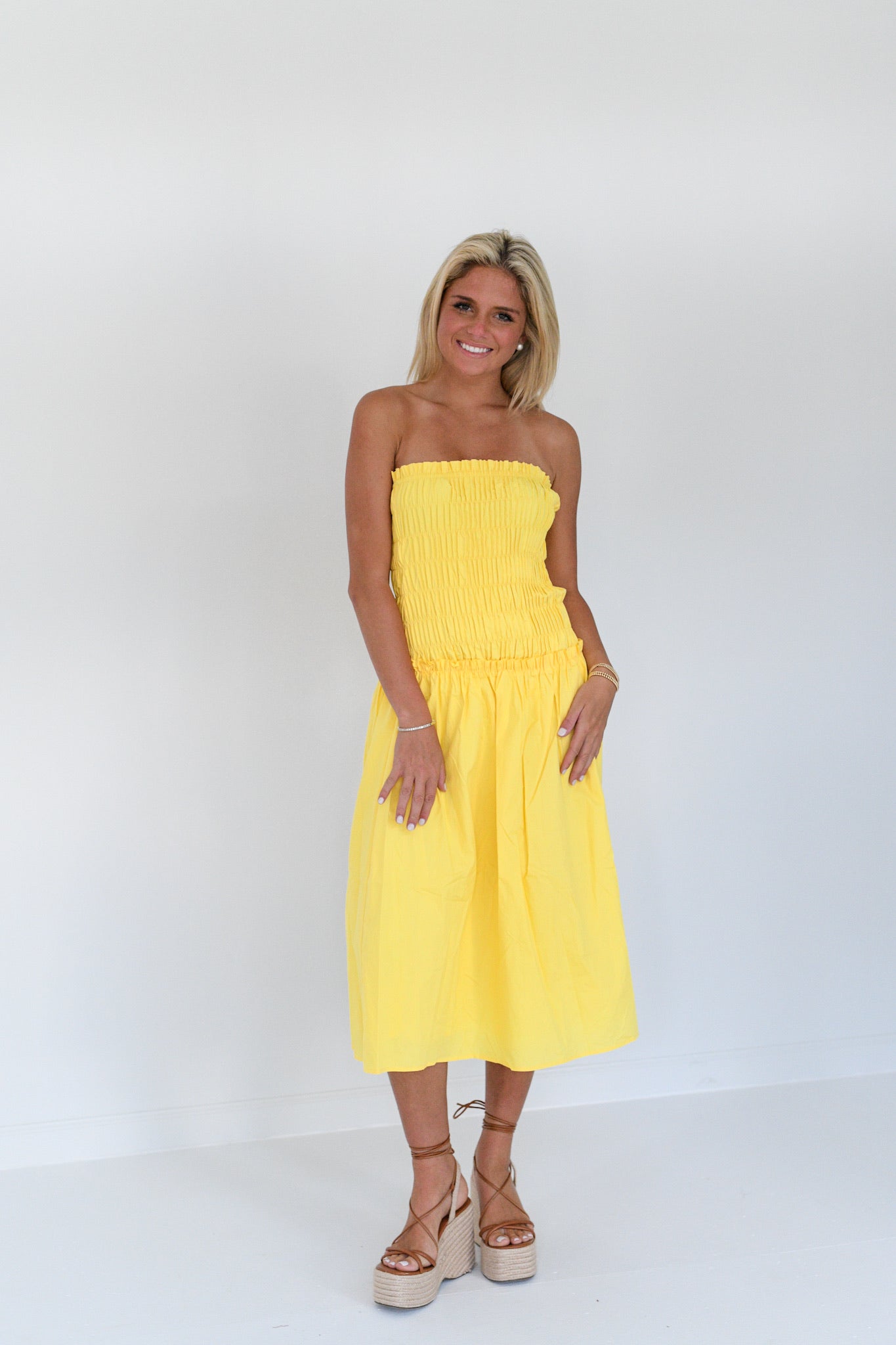 Cheyene Smocked Midi Dress - Lemon