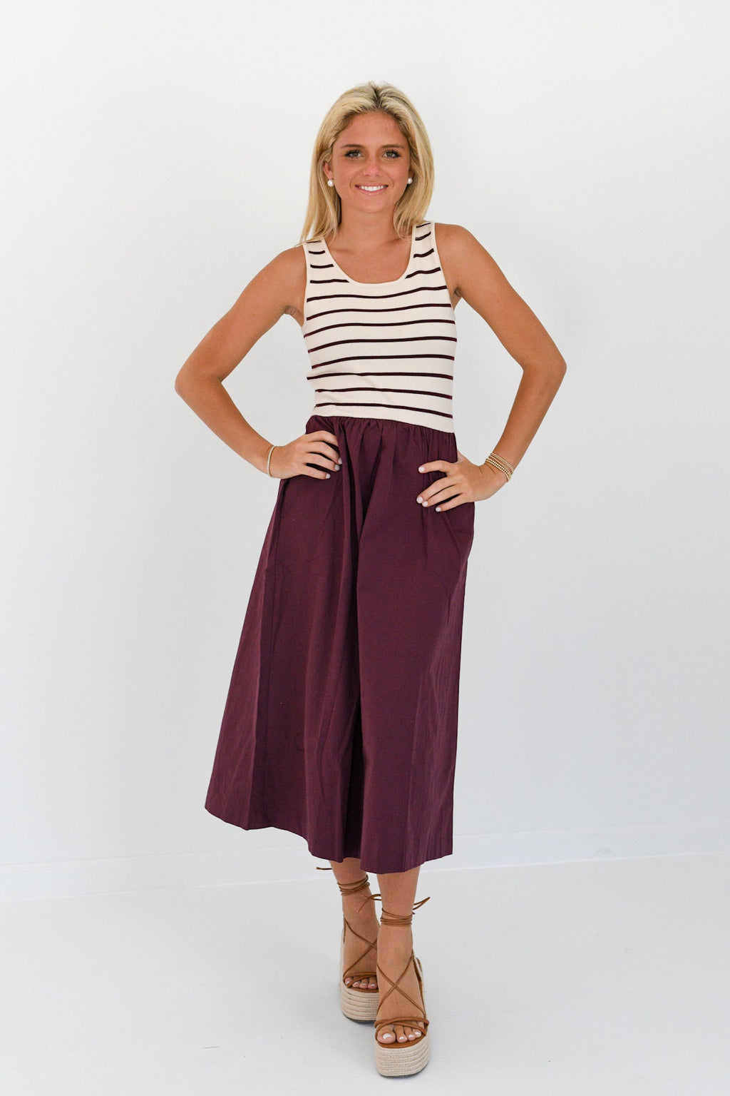 Raliegh Sleeveless Knit Woven Dress - Cream-Wine Stripe