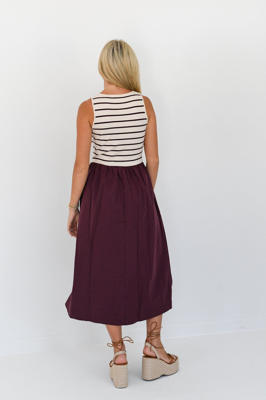 Raliegh Sleeveless Knit Woven Dress - Cream-Wine Stripe