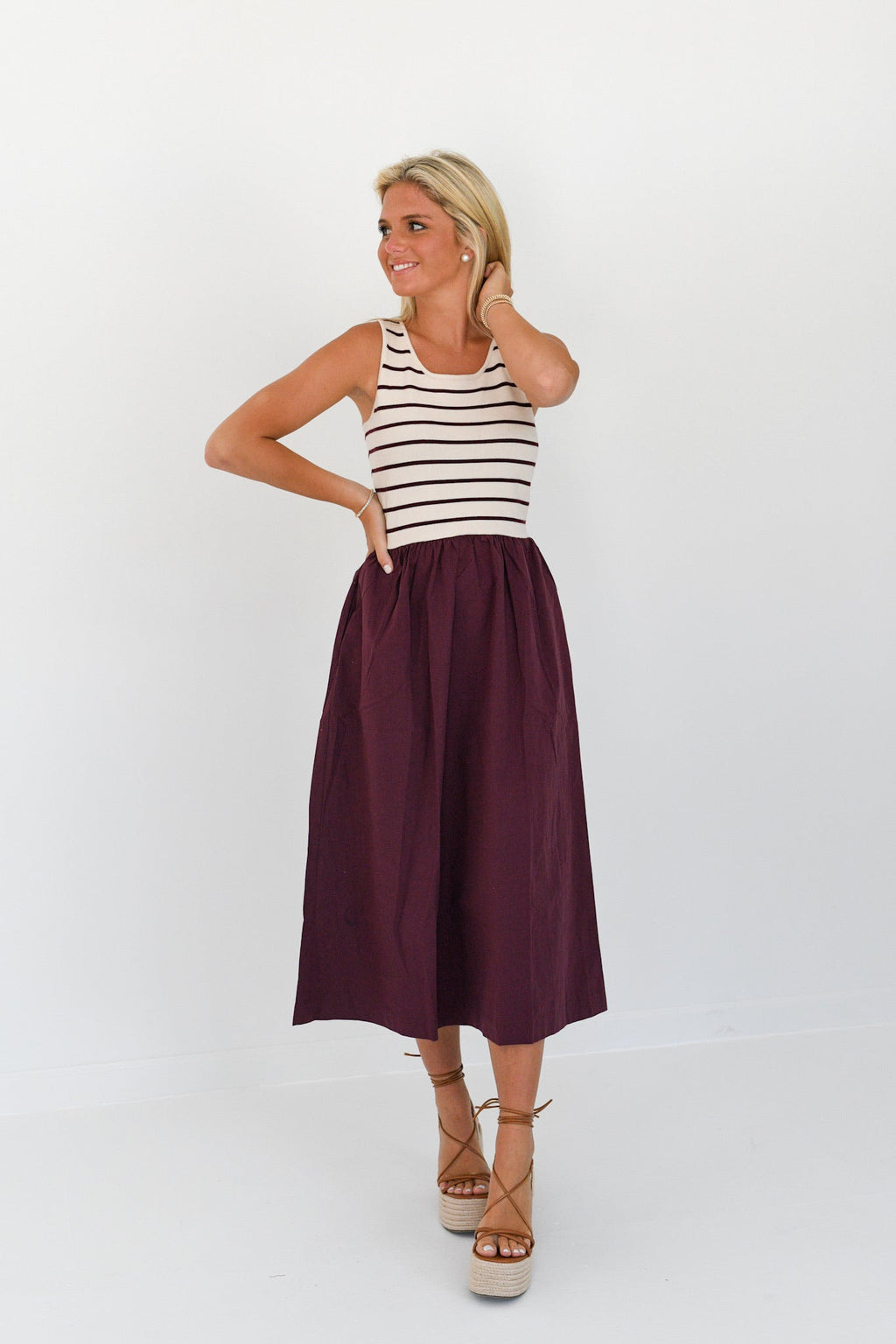 Raliegh Sleeveless Knit Woven Dress - Cream-Wine Stripe