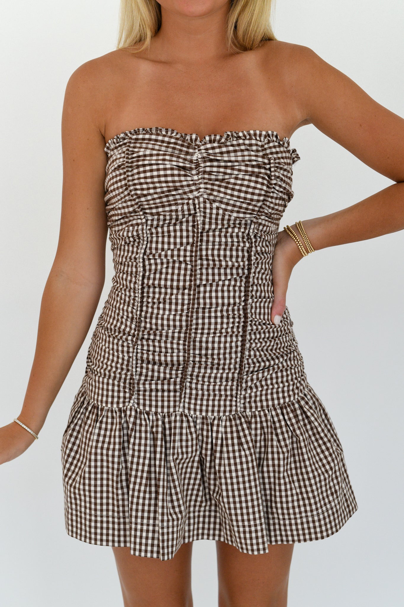 Charlie Checker Ruched Tube Mini Dress - Choco Checker