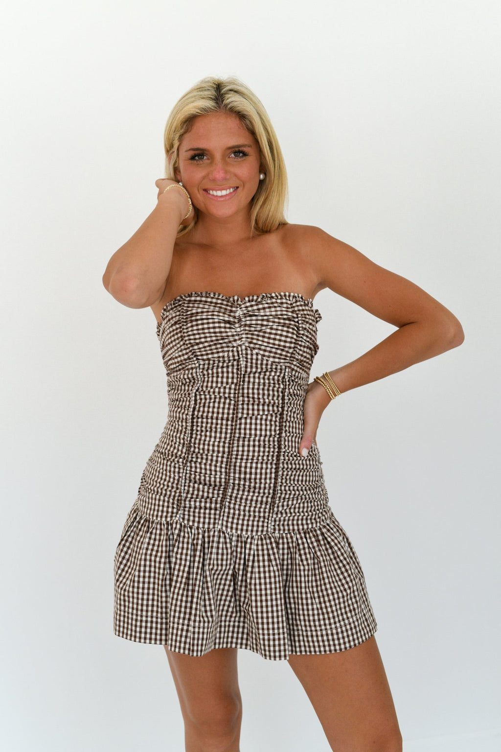 Charlie Checker Ruched Tube Mini Dress - Choco Checker