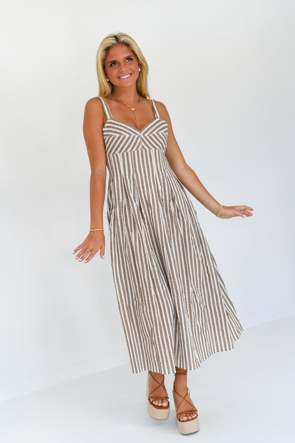 Mallory Striped Midi Dress - Brown