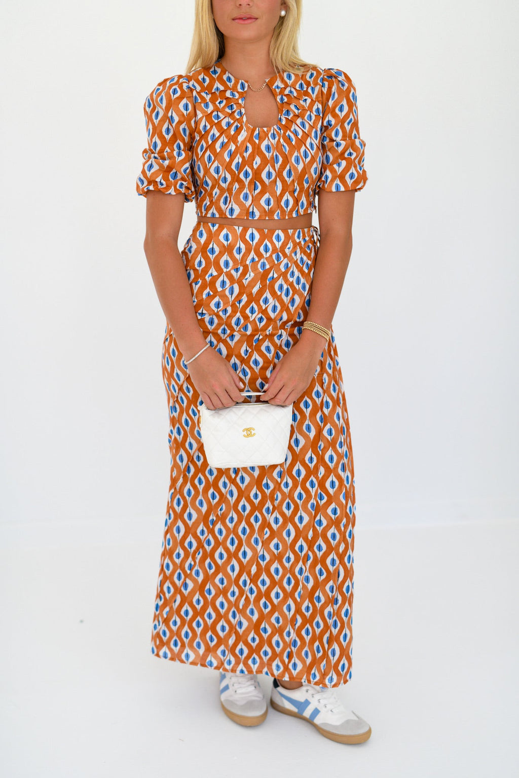 Callie Bubble Sleeve Maxi Skirt Set- Burnt Orange/Blue blockprint
