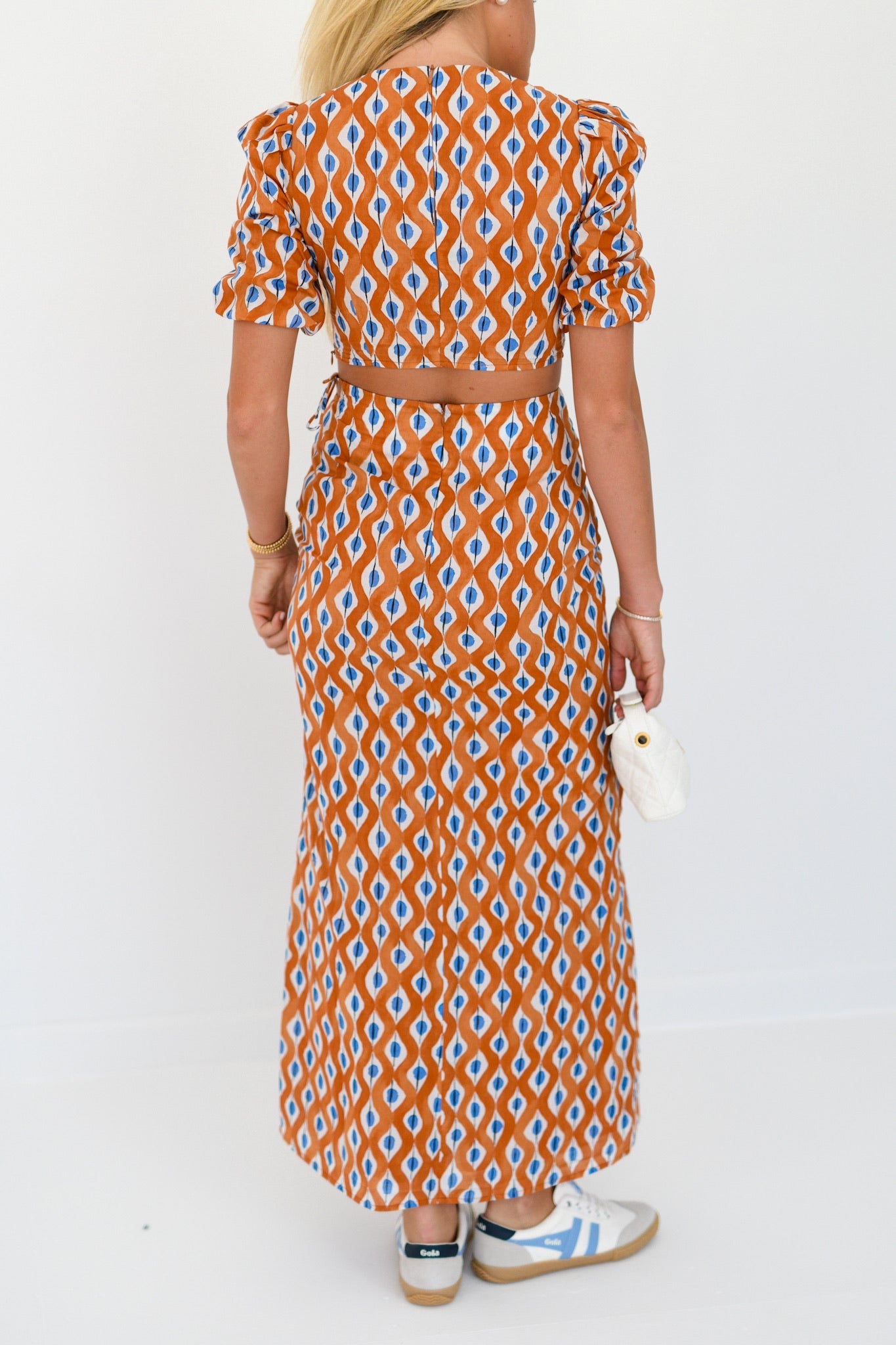 Callie Bubble Sleeve Maxi Skirt Set- Burnt Orange/Blue blockprint