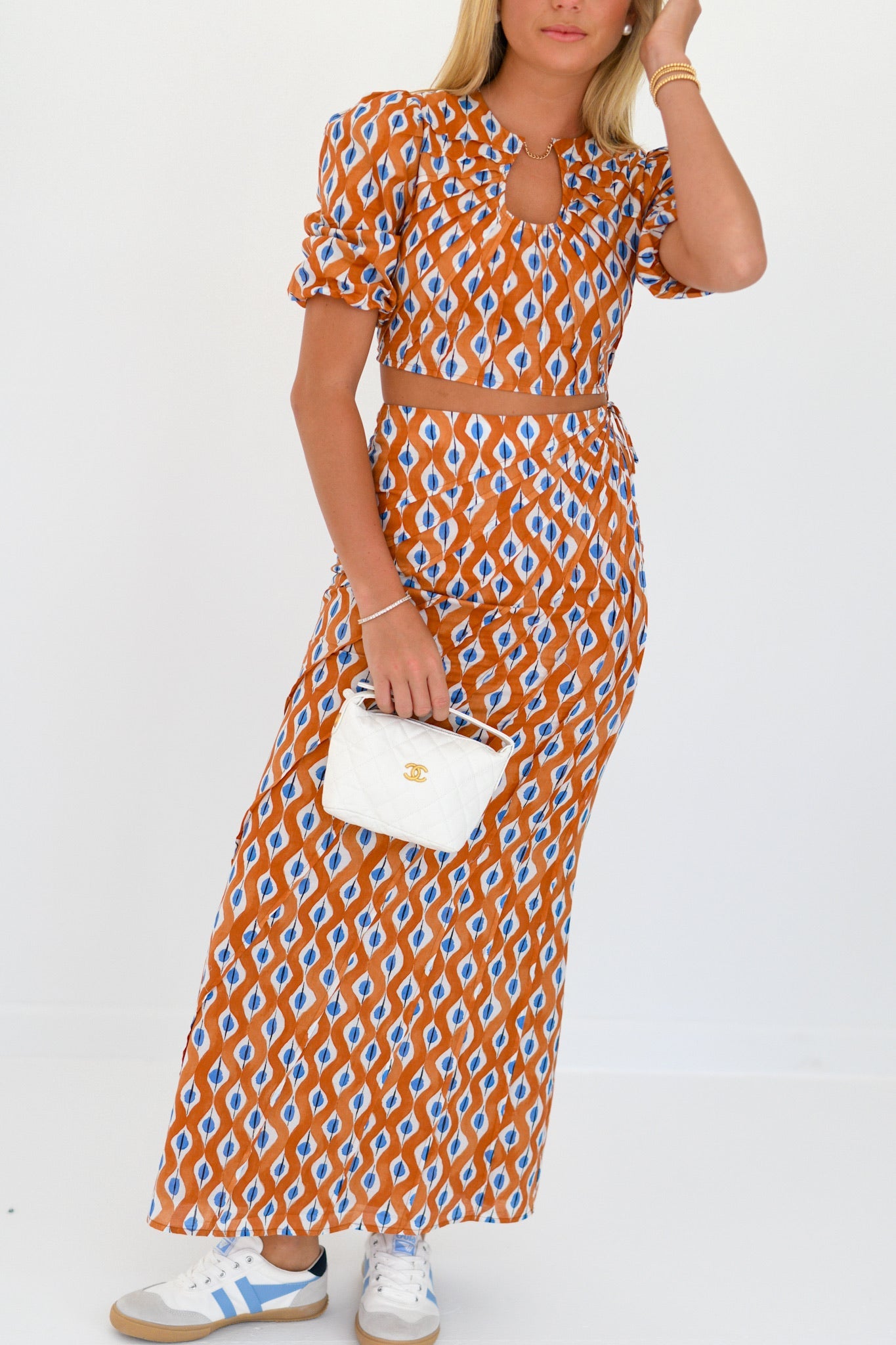 Callie Bubble Sleeve Maxi Skirt Set- Burnt Orange/Blue blockprint