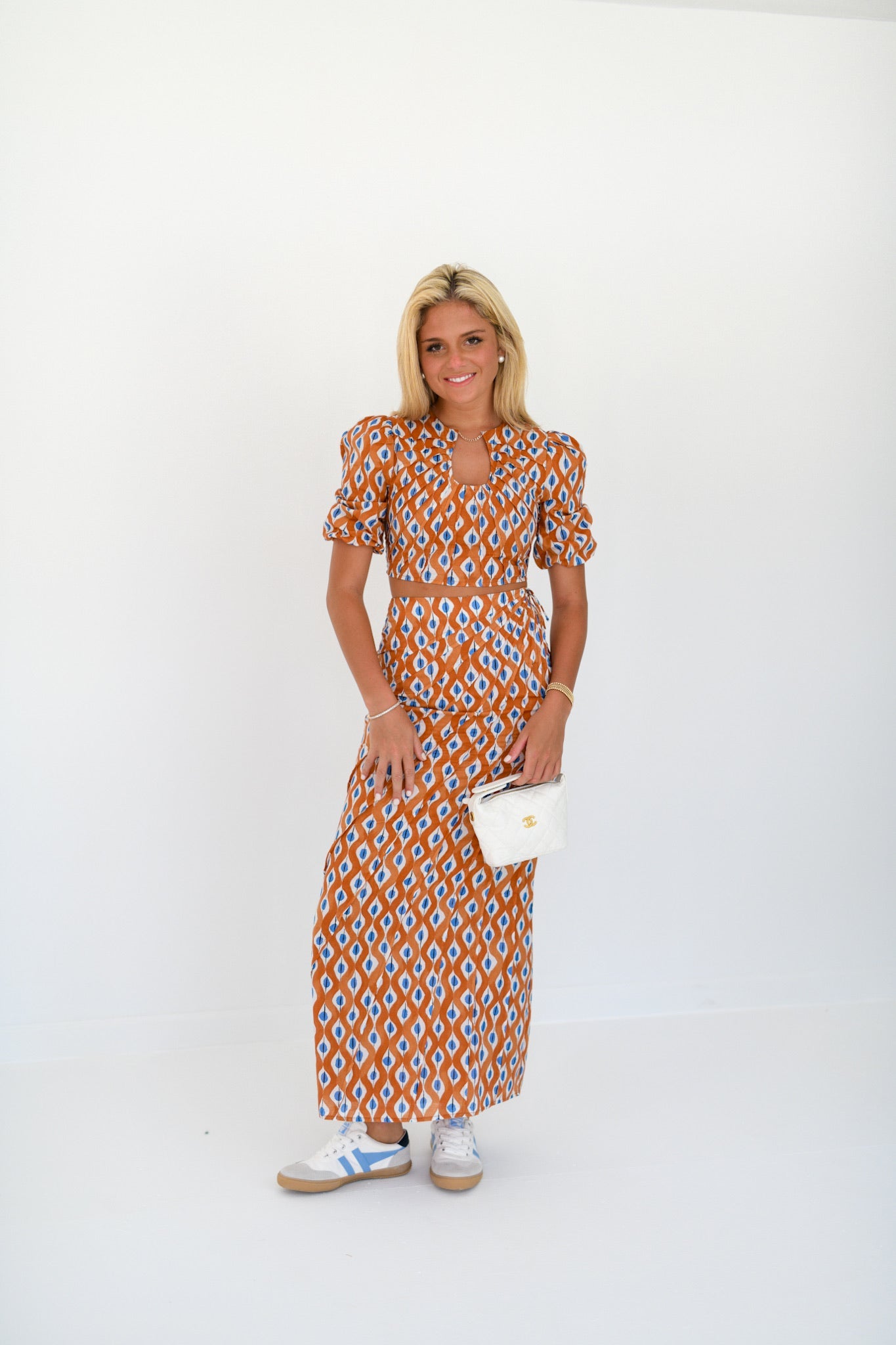 Callie Bubble Sleeve Maxi Skirt Set- Burnt Orange/Blue blockprint