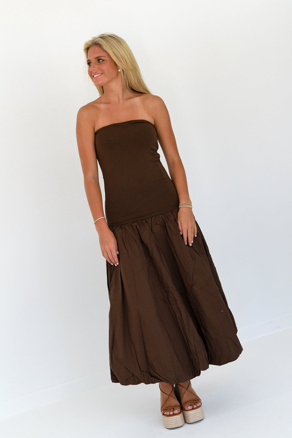 Amy Drop Waist  Midi Dress - Chocolate Brown